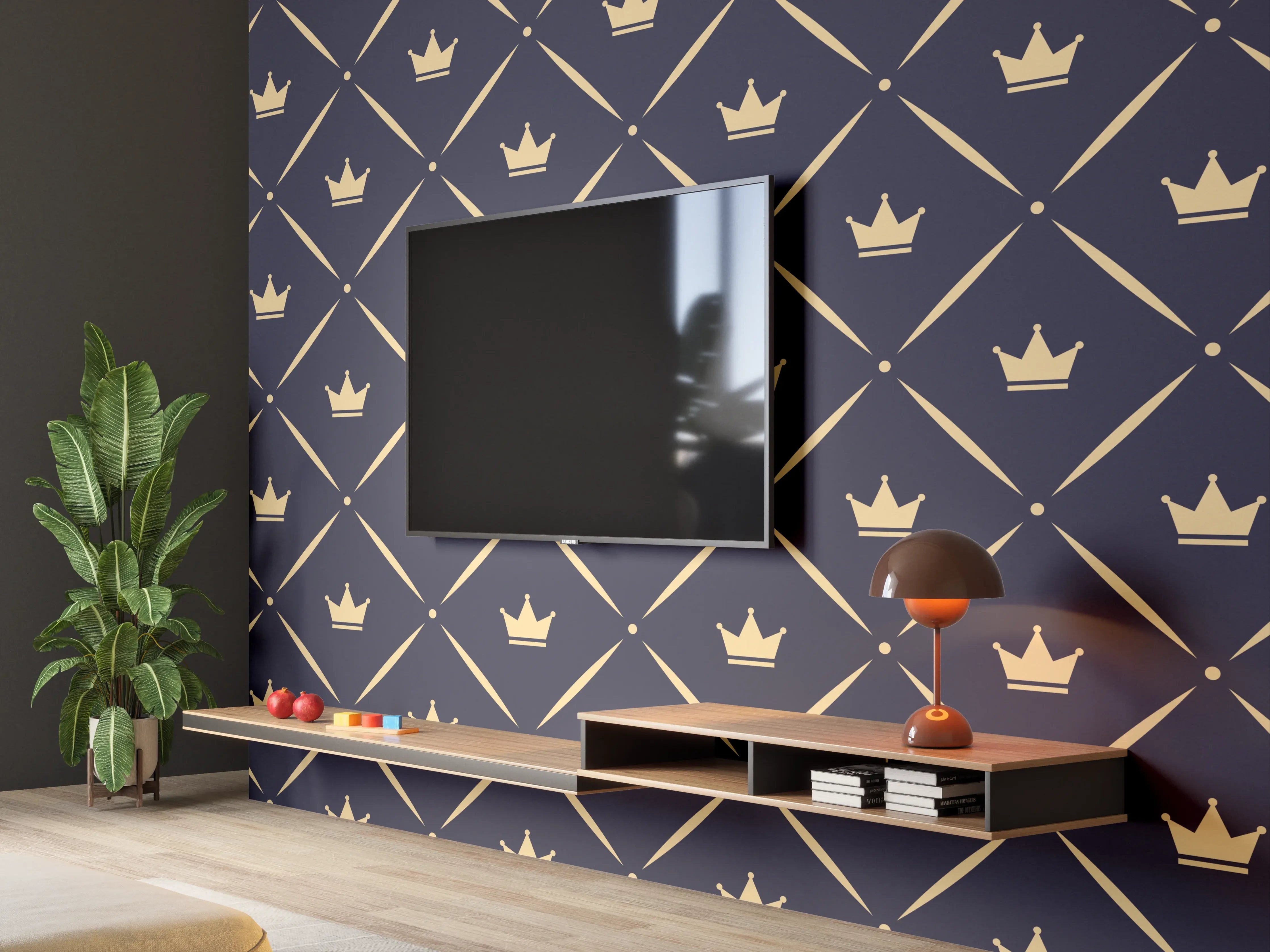 Wandverkleidung Wohnzimmer - Geometrisches Muster Dunkelblau Gold