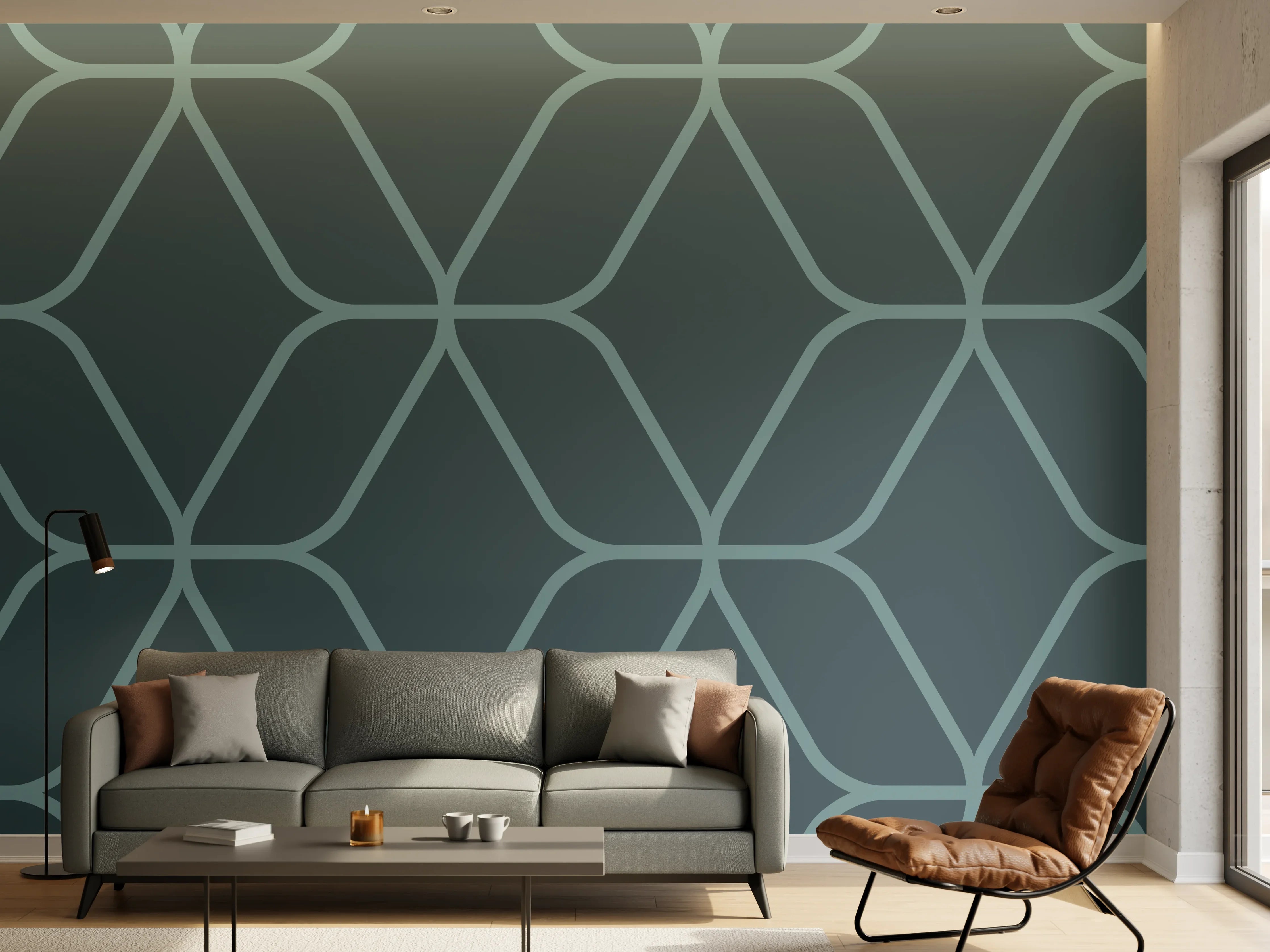 Wandverkleidung Wohnzimmer - Geometrisches Muster in Blau