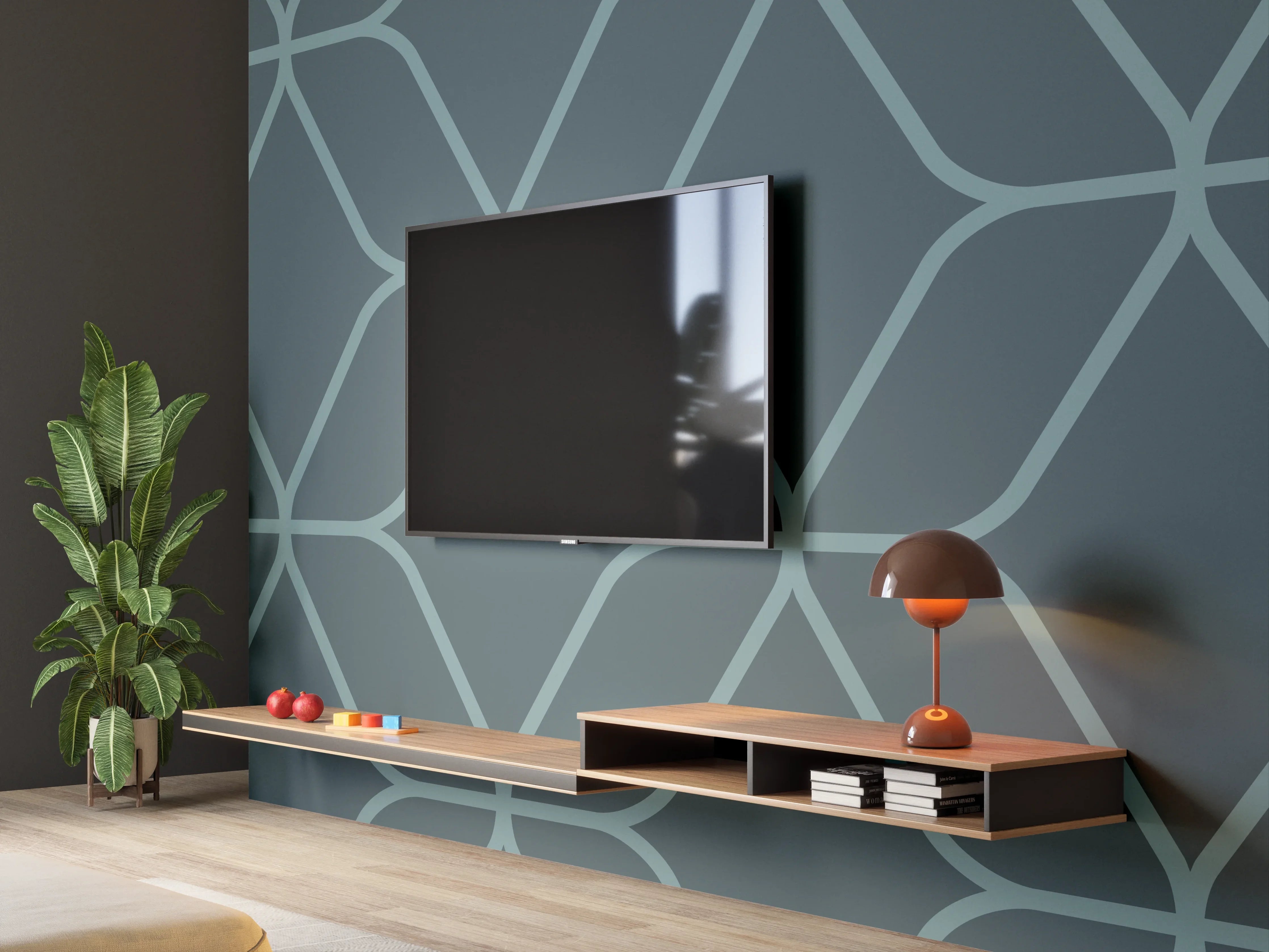 Wandverkleidung Wohnzimmer - Geometrisches Muster in Blau