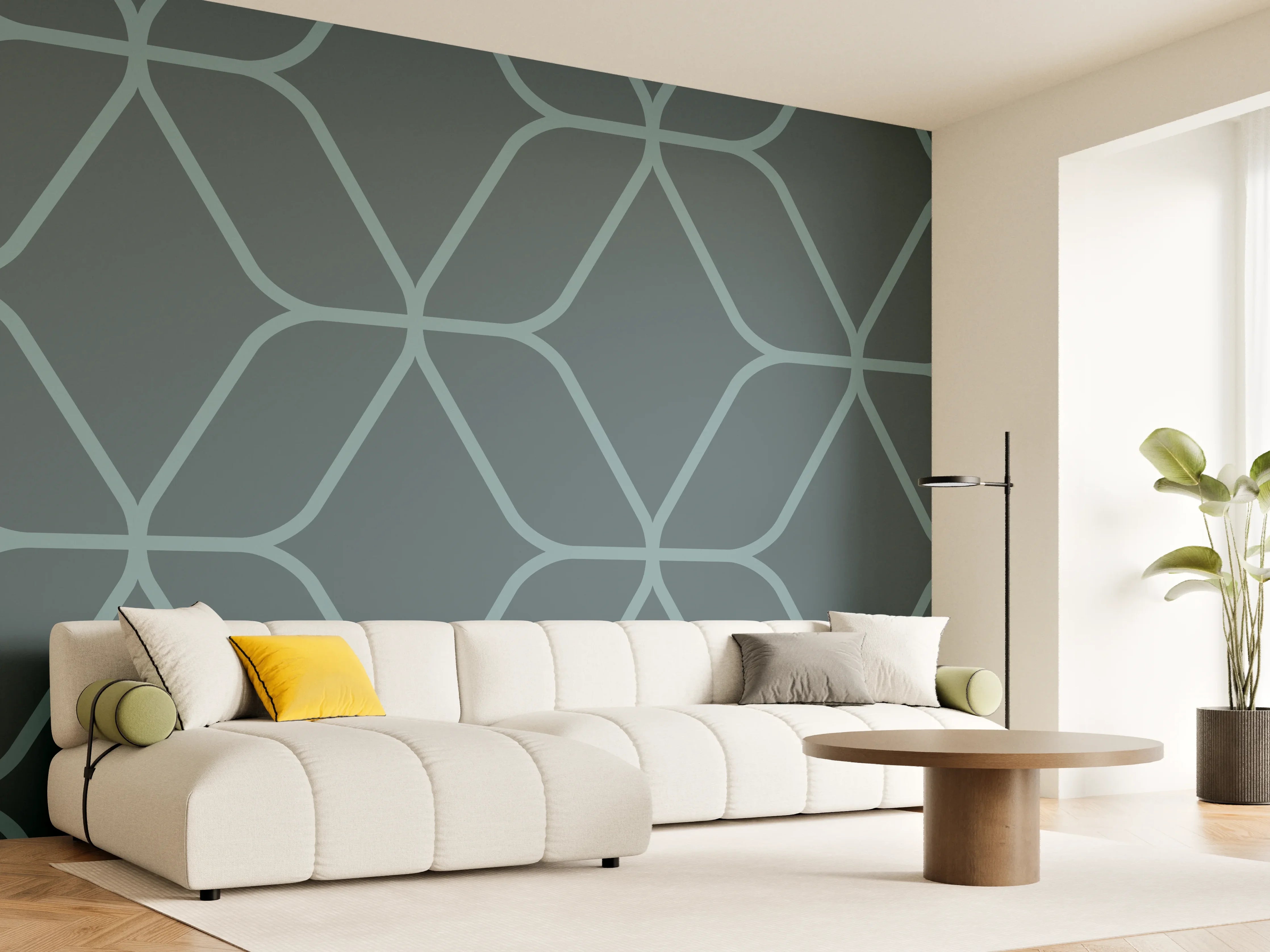 Wandverkleidung Wohnzimmer - Geometrisches Muster in Blau