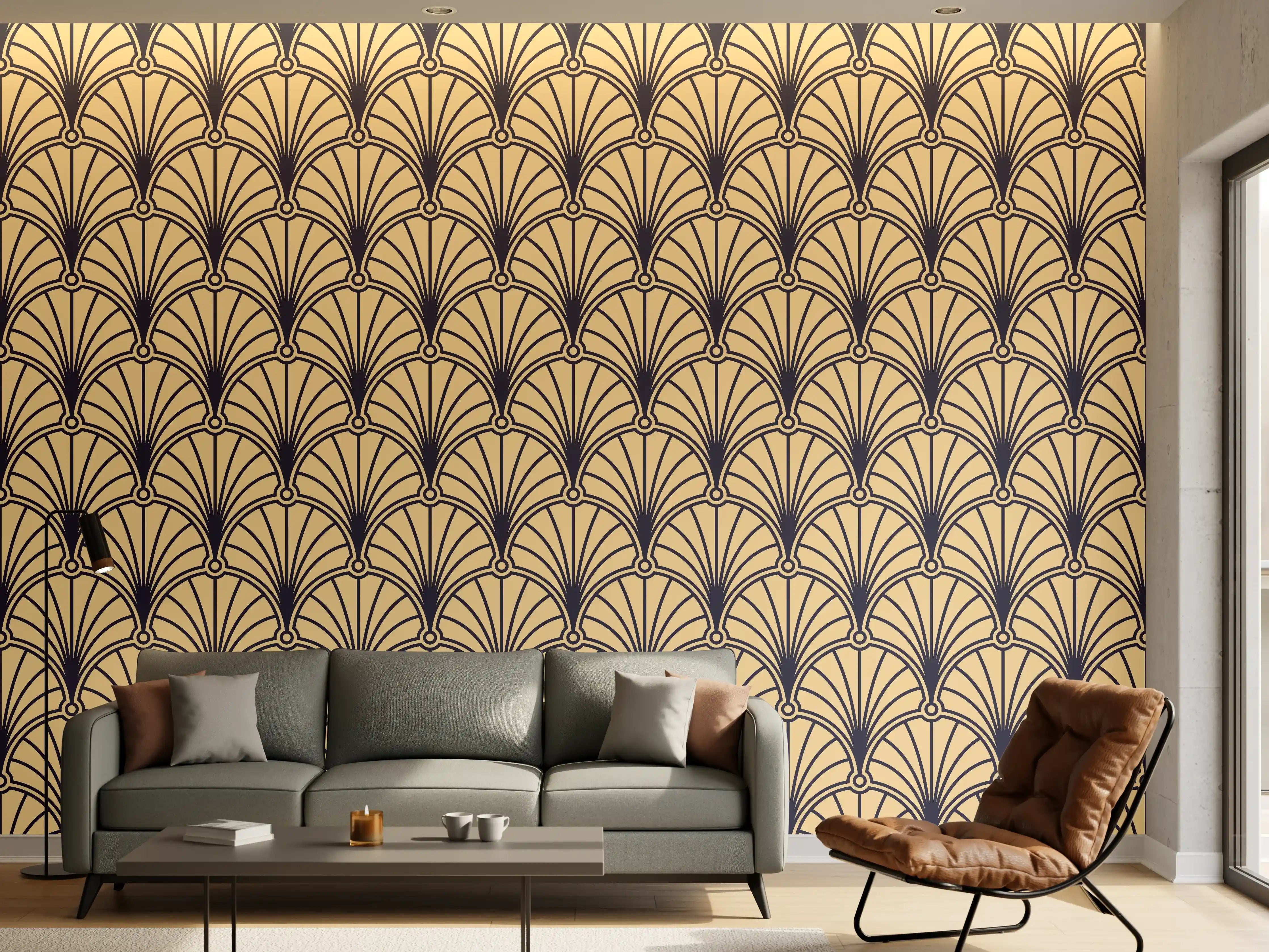 Wandverkleidung Wohnzimmer - Geometrisches Muster in Gold- und Beigetönen
