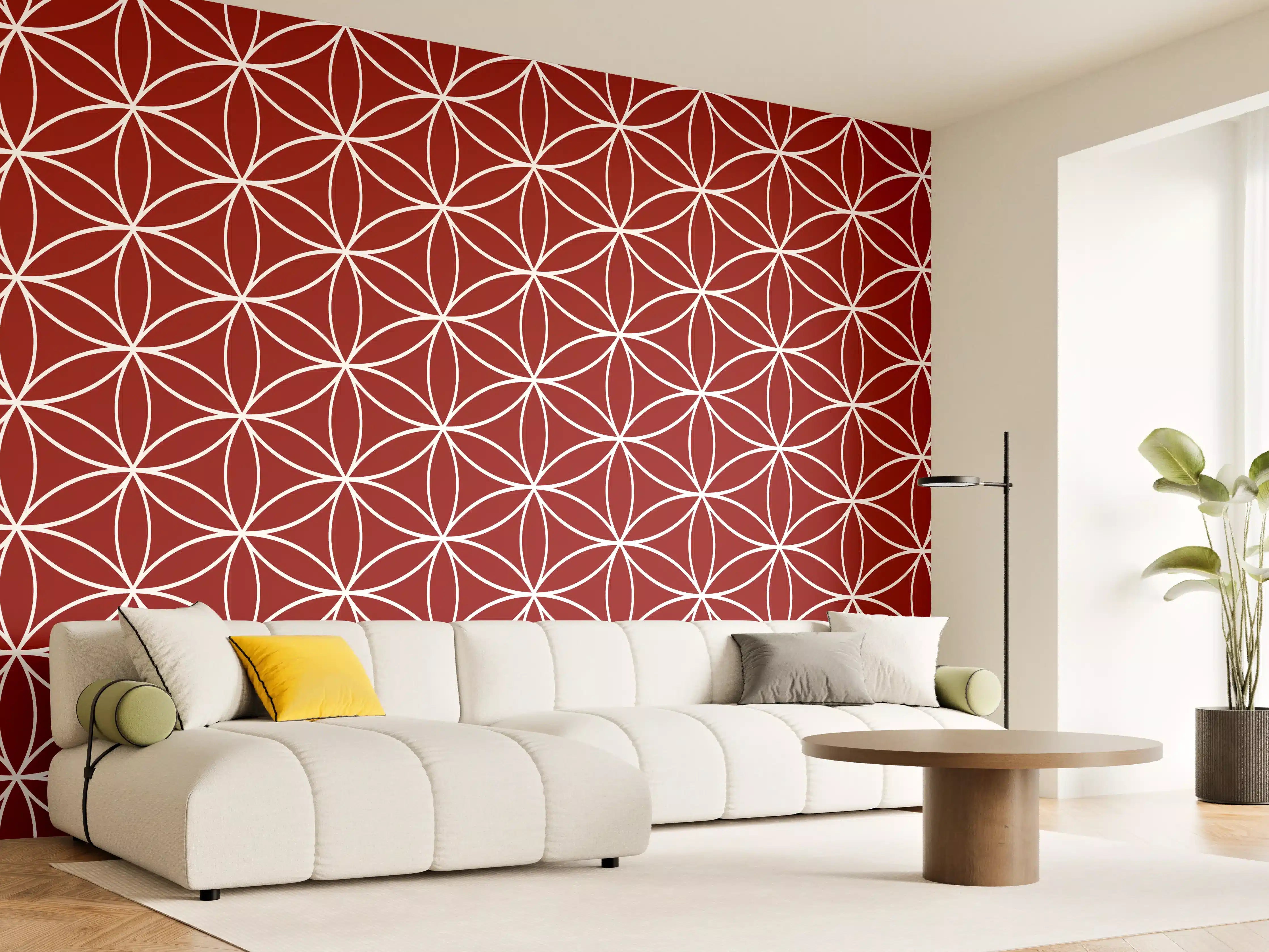 Wandverkleidung Wohnzimmer - Geometrisches Rautenmuster in Rot mit weißen Linien