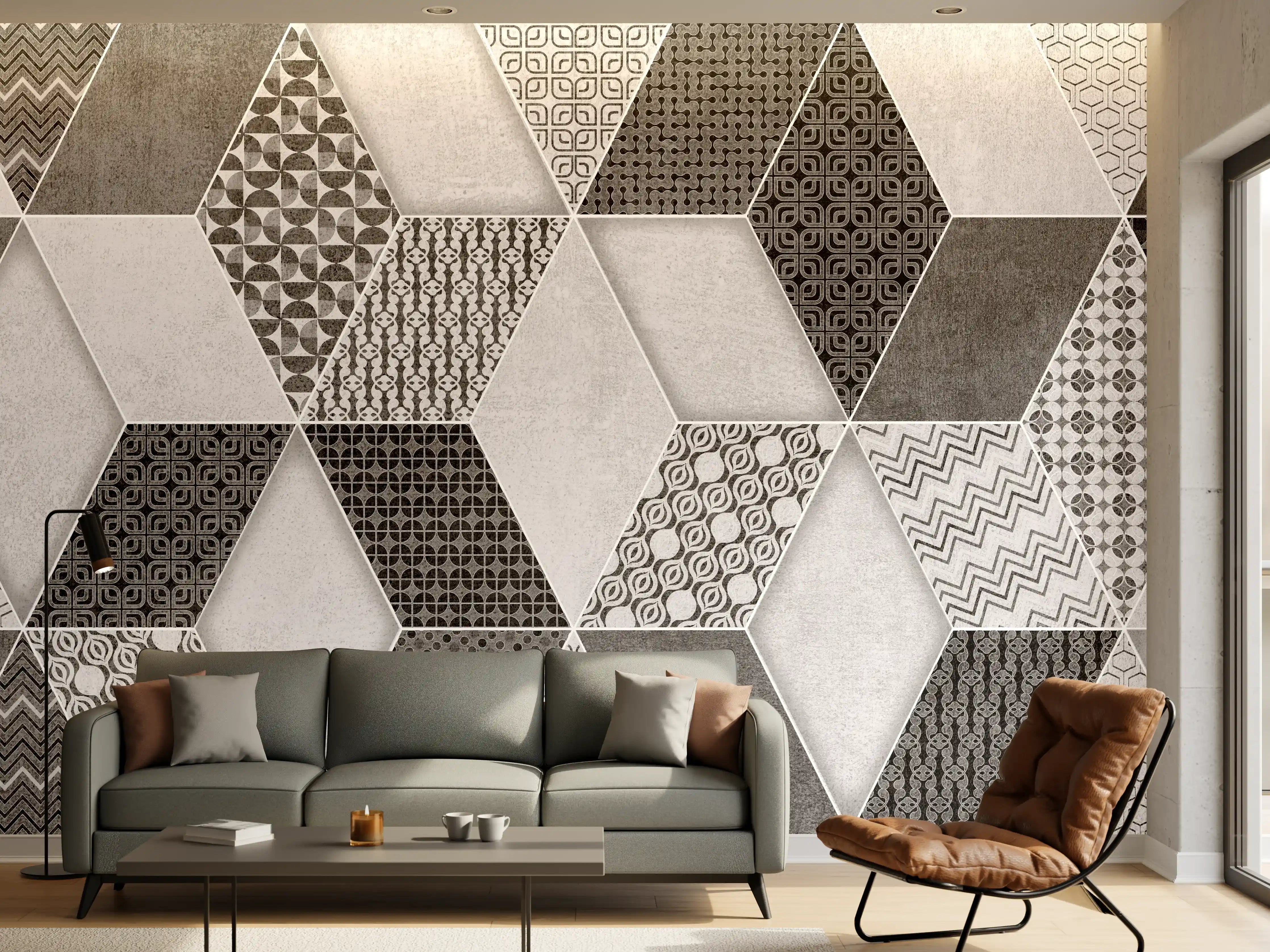 Wandverkleidung Wohnzimmer - Geometrisches Retro-Fliesen Muster