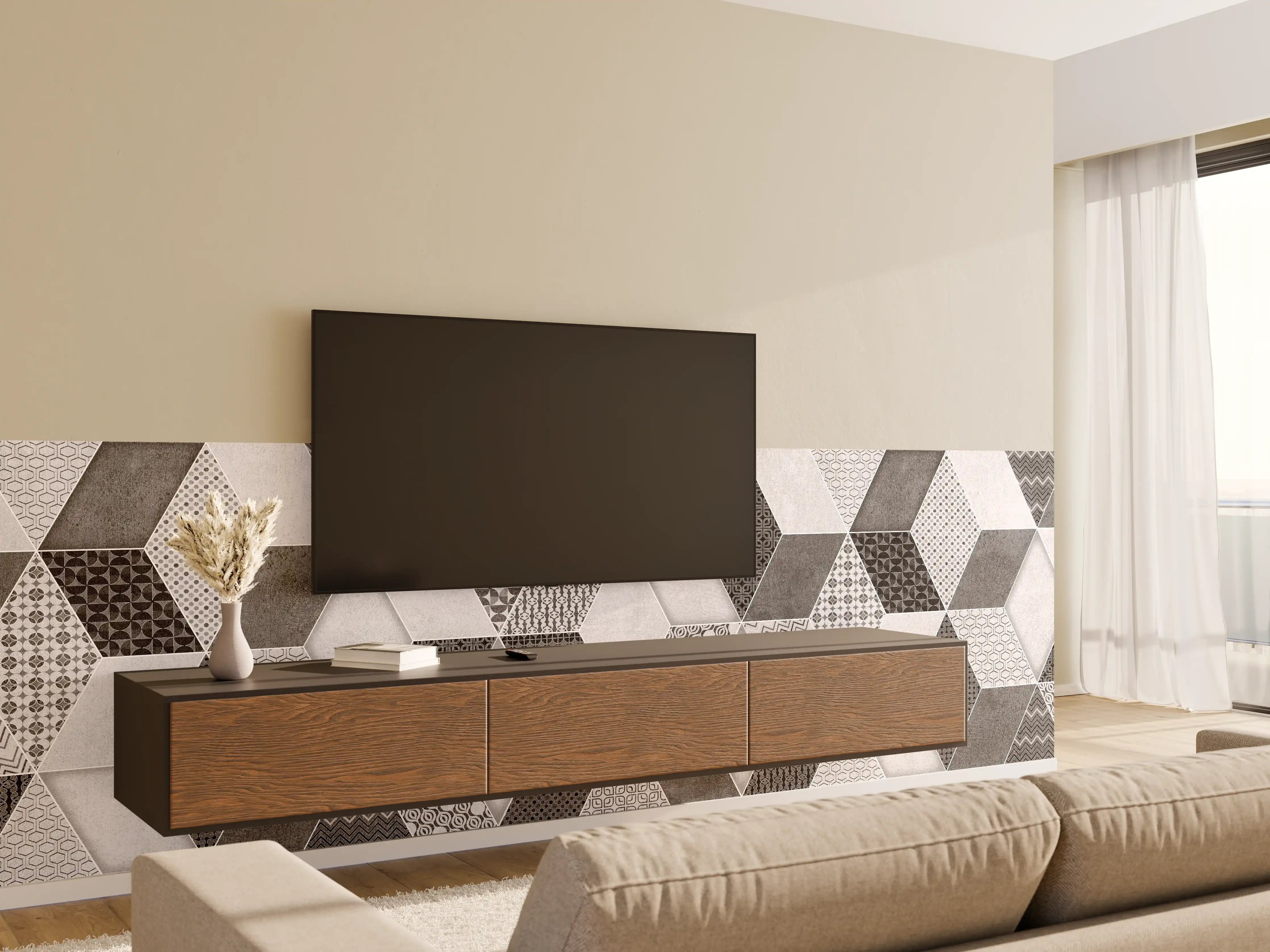 Wandverkleidung Wohnzimmer - Geometrisches Retro-Fliesen Muster