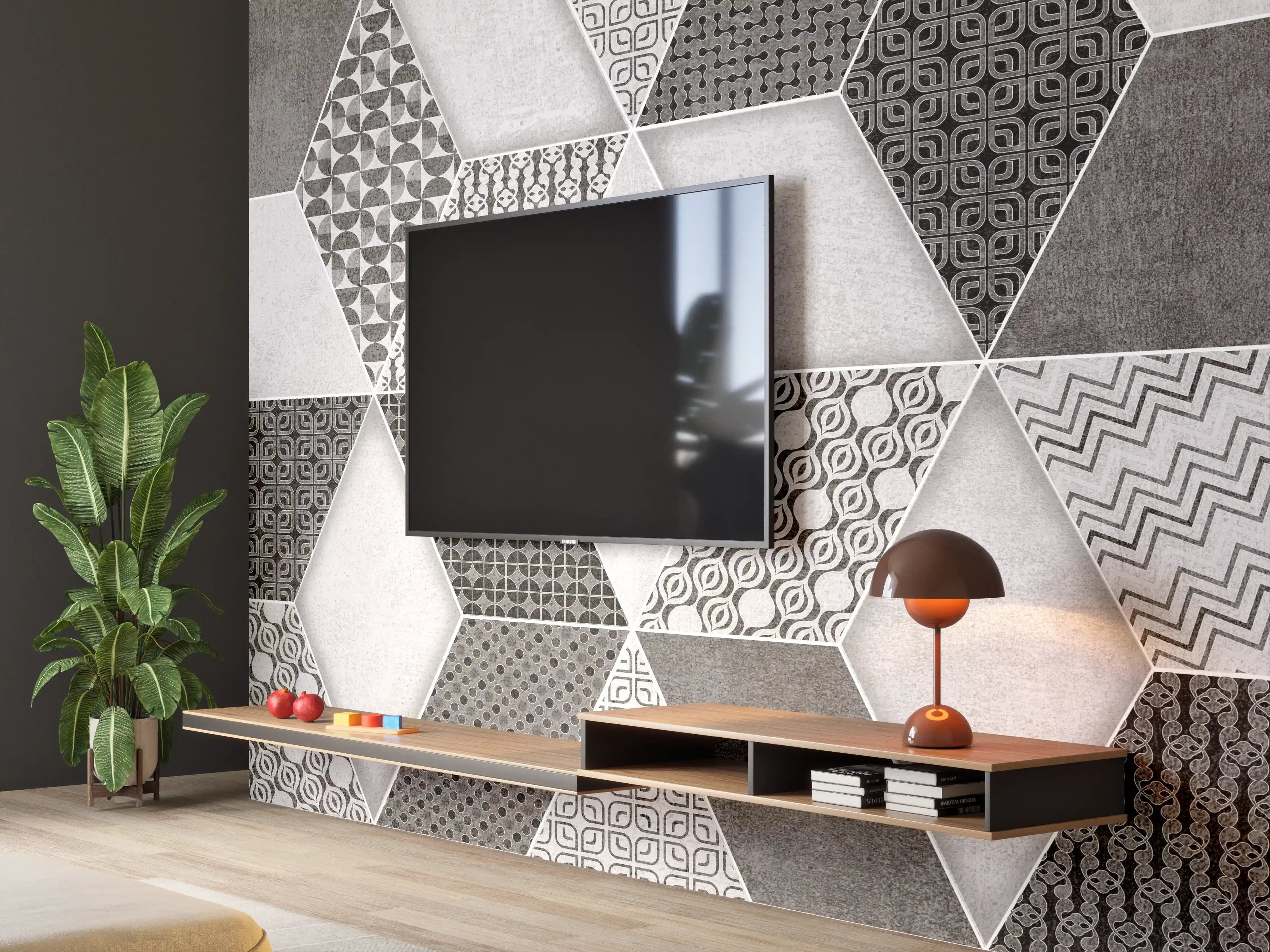 Wandverkleidung Wohnzimmer - Geometrisches Retro-Fliesen Muster