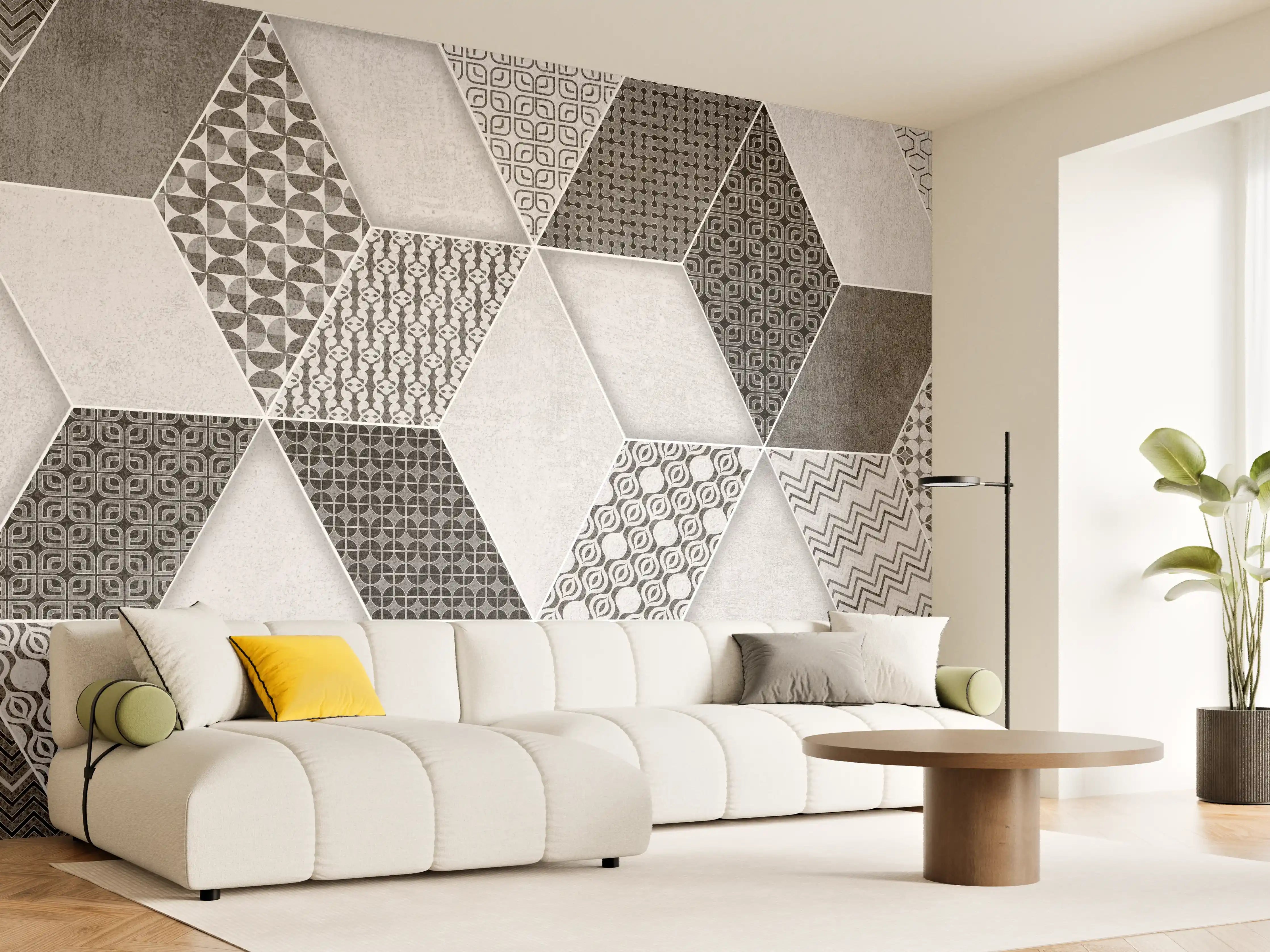 Wandverkleidung Wohnzimmer - Geometrisches Retro-Fliesen Muster