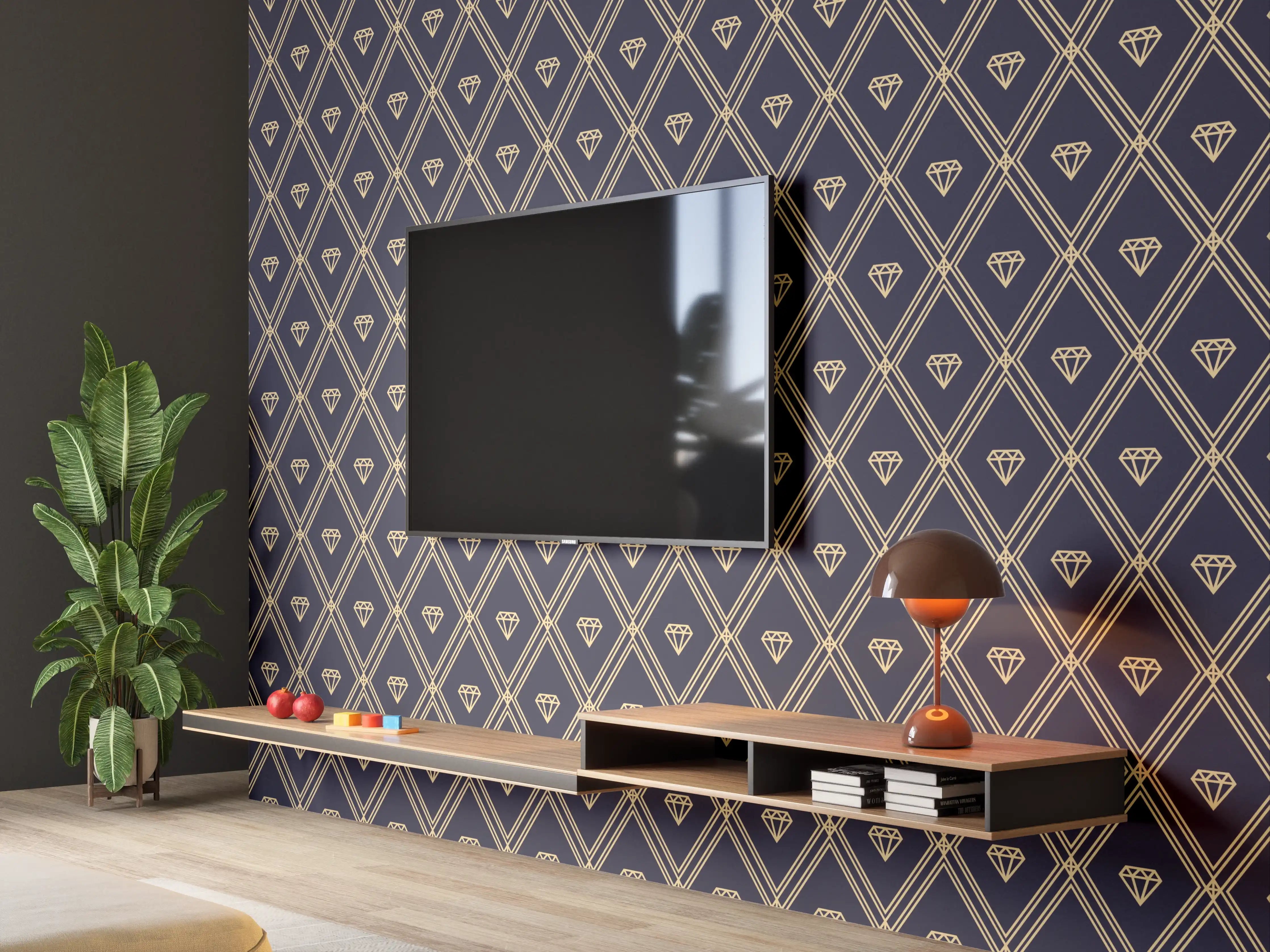 Wandverkleidung Wohnzimmer - Geometrisches Schwarz-Blau Muster