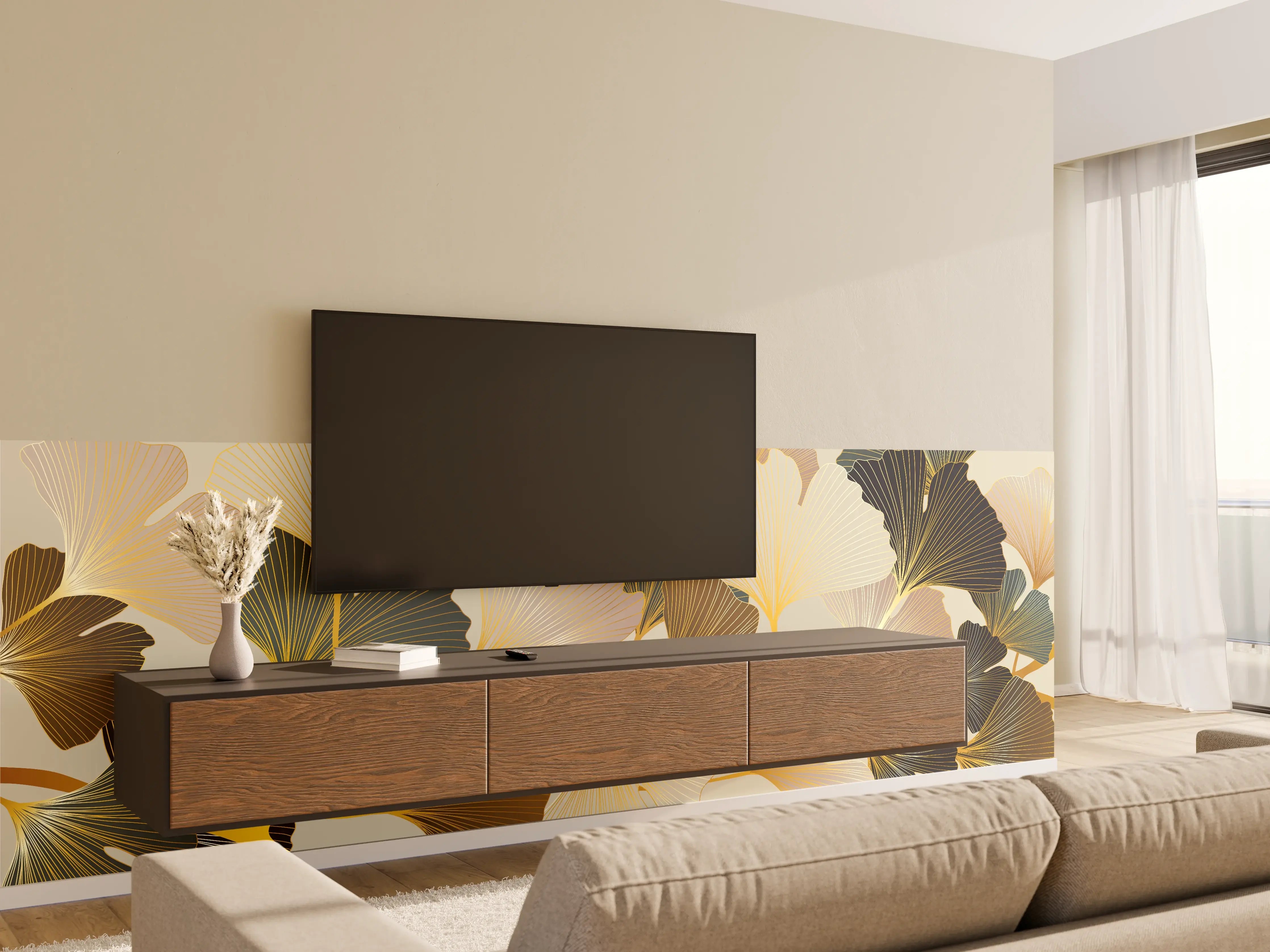Wandverkleidung Wohnzimmer - Ginkgo Blätter Design Beige