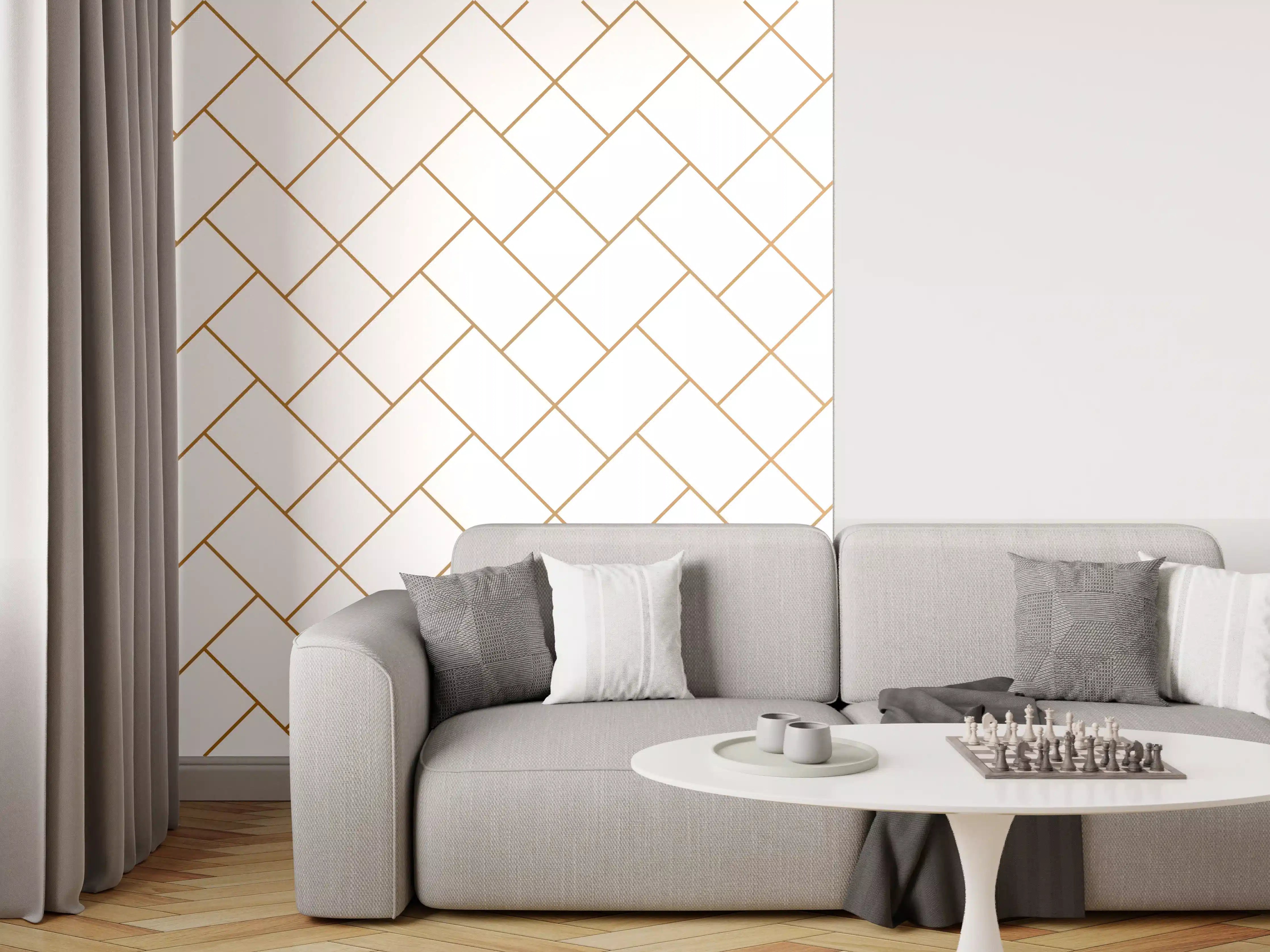 Wandverkleidung Wohnzimmer - Gittermuster in Gold auf Weiß