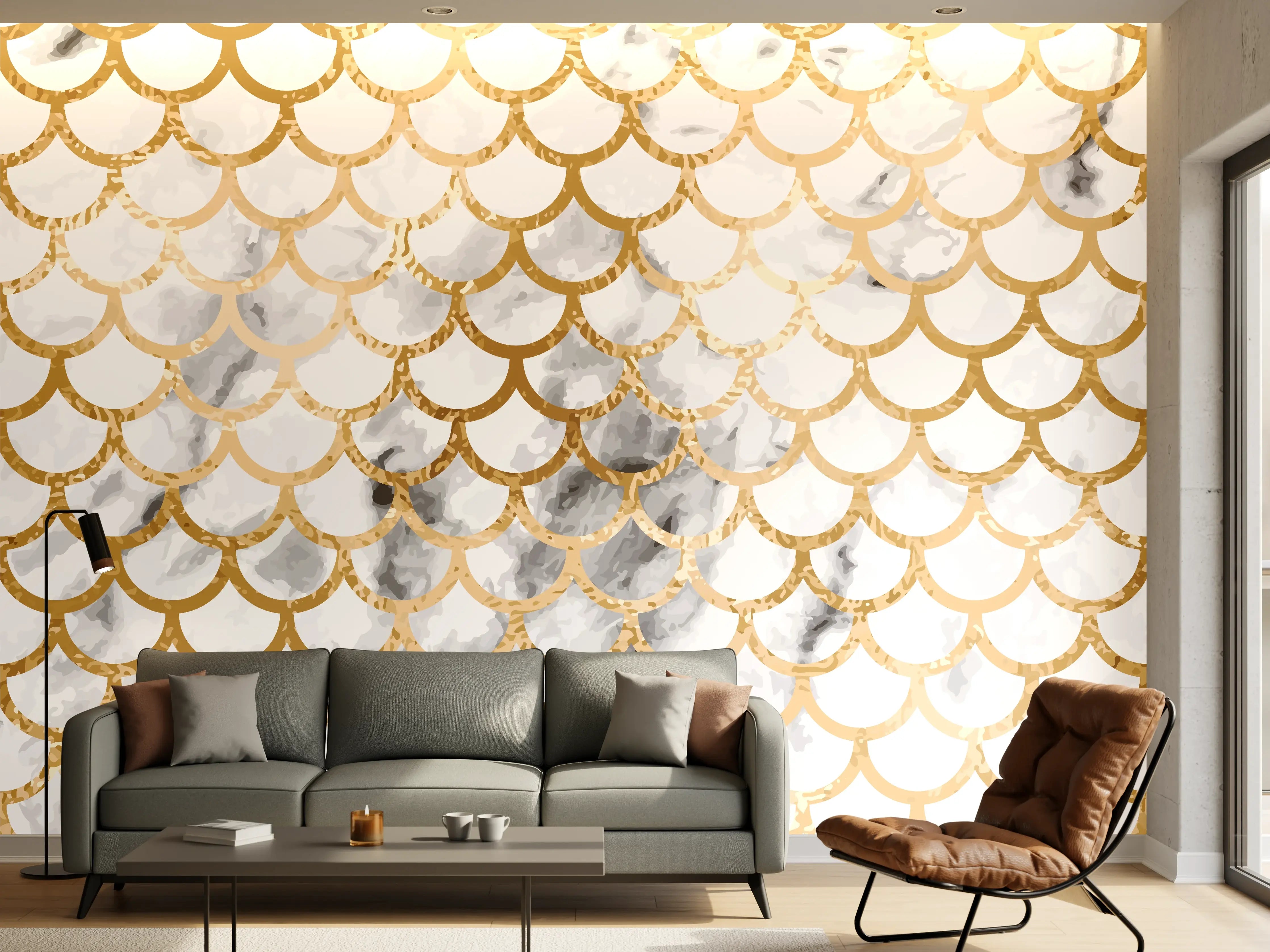 Wandverkleidung Wohnzimmer - Glamouröse Meerjungfrau im Gold-Design