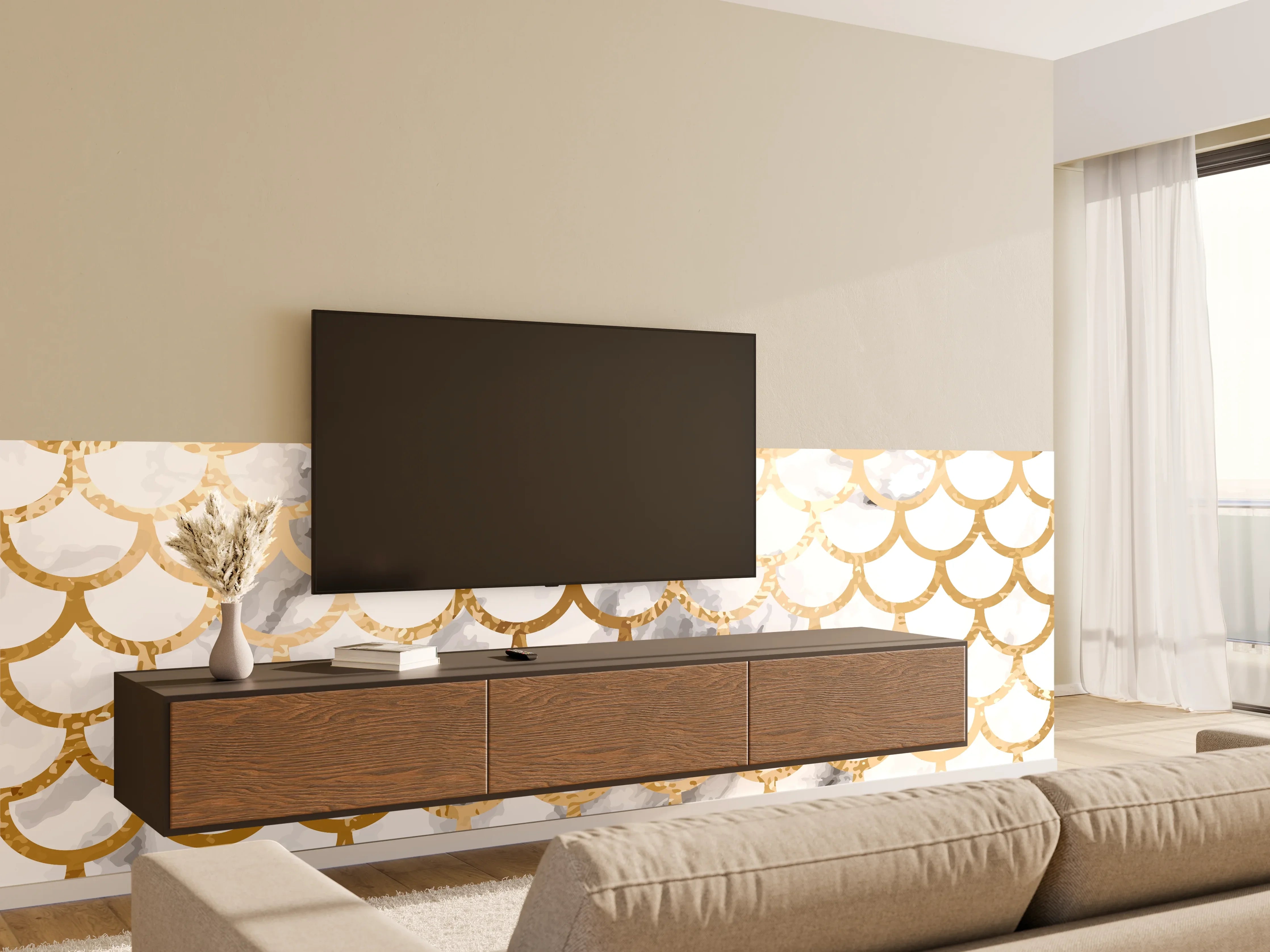 Wandverkleidung Wohnzimmer - Glamouröse Meerjungfrau im Gold-Design