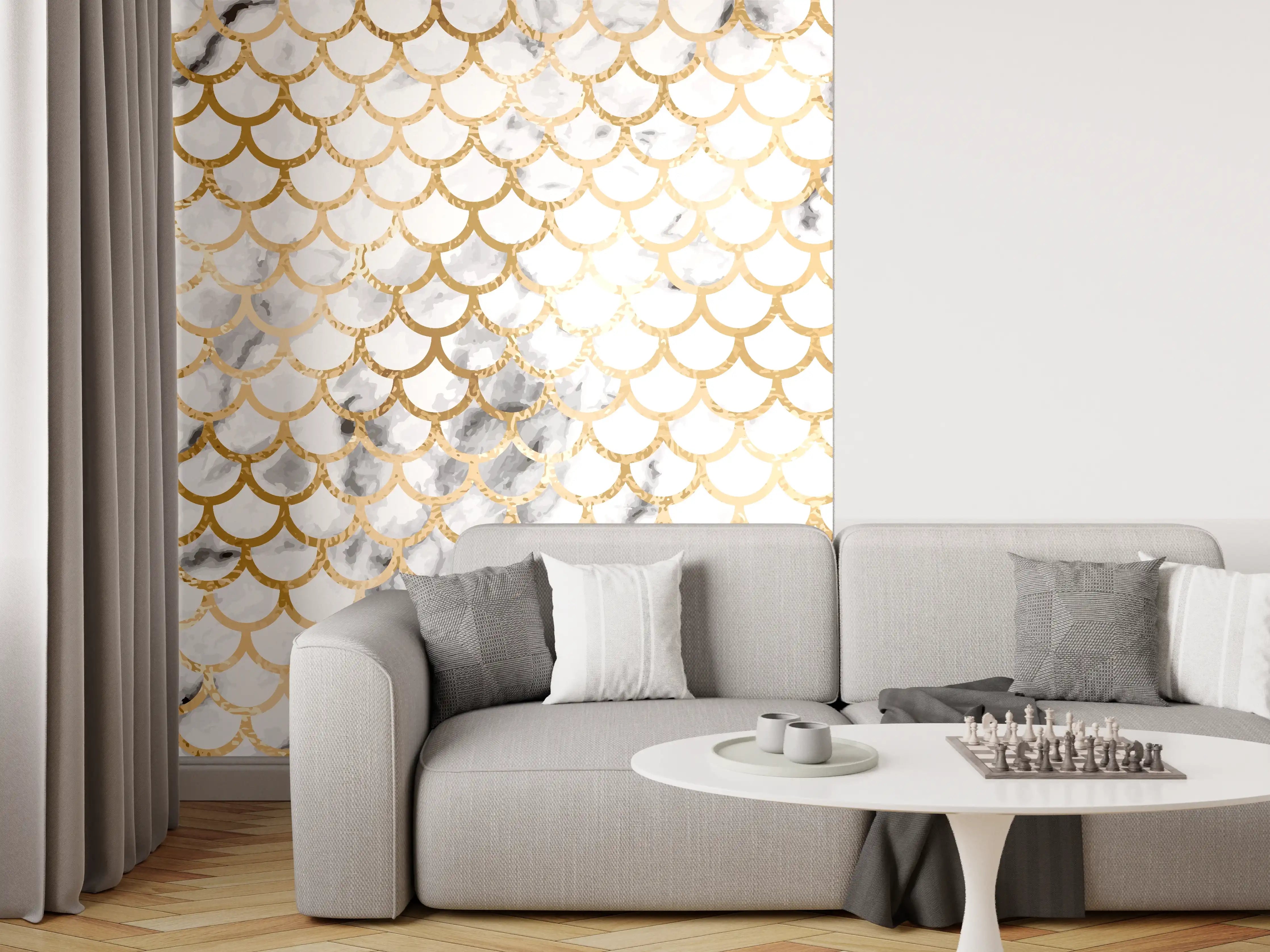 Wandverkleidung Wohnzimmer - Glamouröse Meerjungfrau im Gold-Design