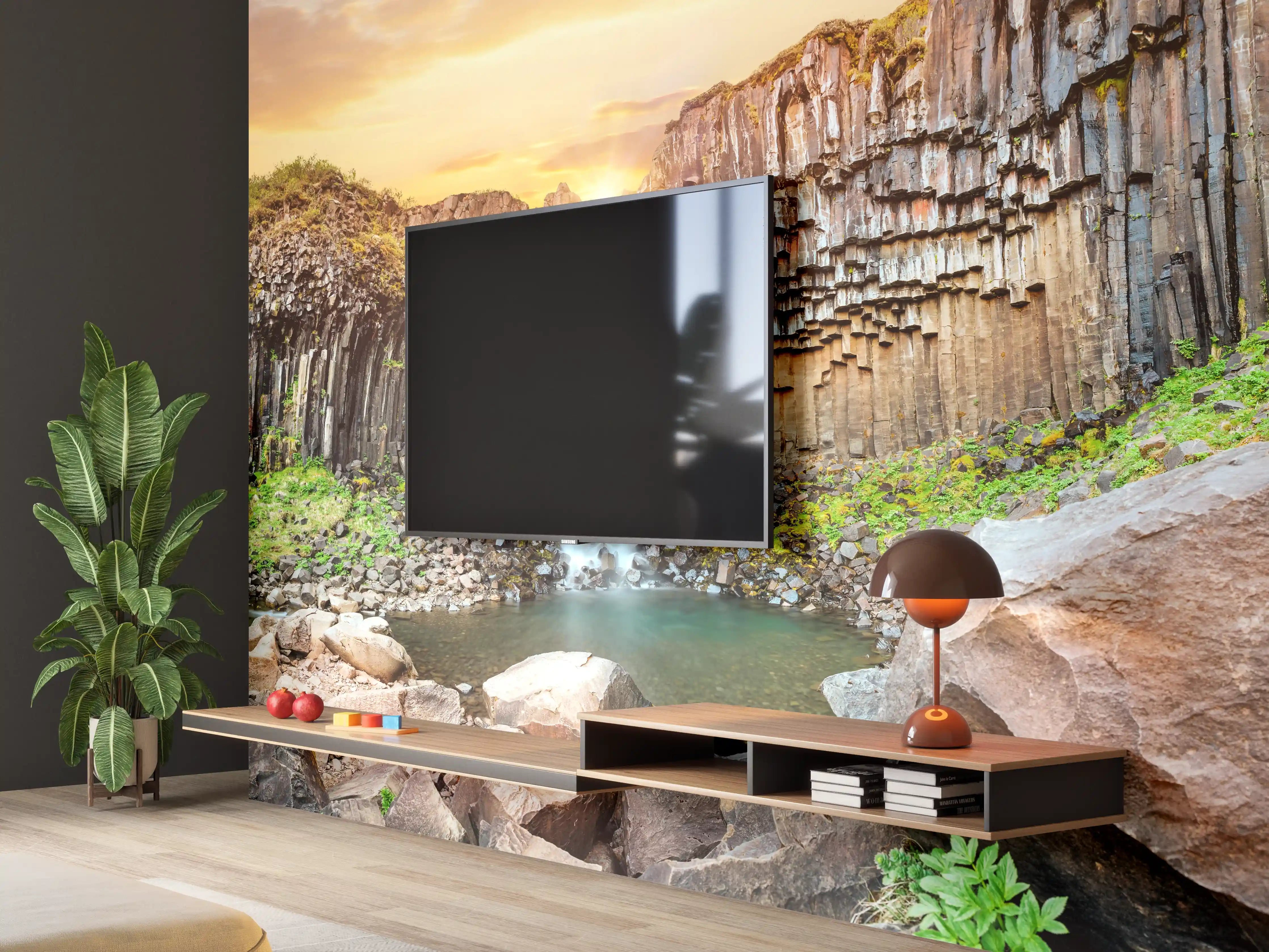 Wandverkleidung Wohnzimmer - Glitzernder Wasserfall im goldenen Abendlicht