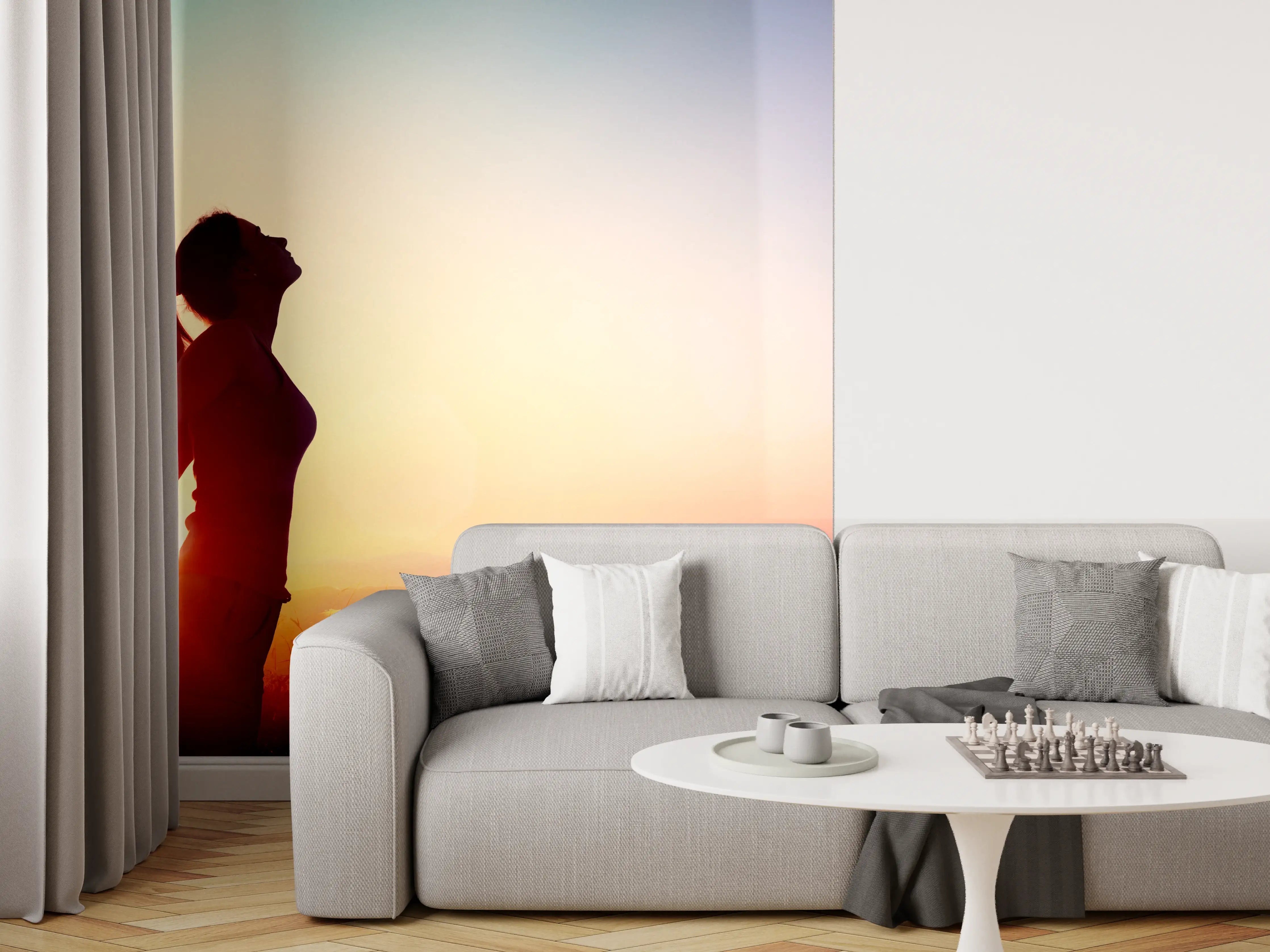 Wandverkleidung Wohnzimmer - Glückliche Frau beim Sonnenuntergang