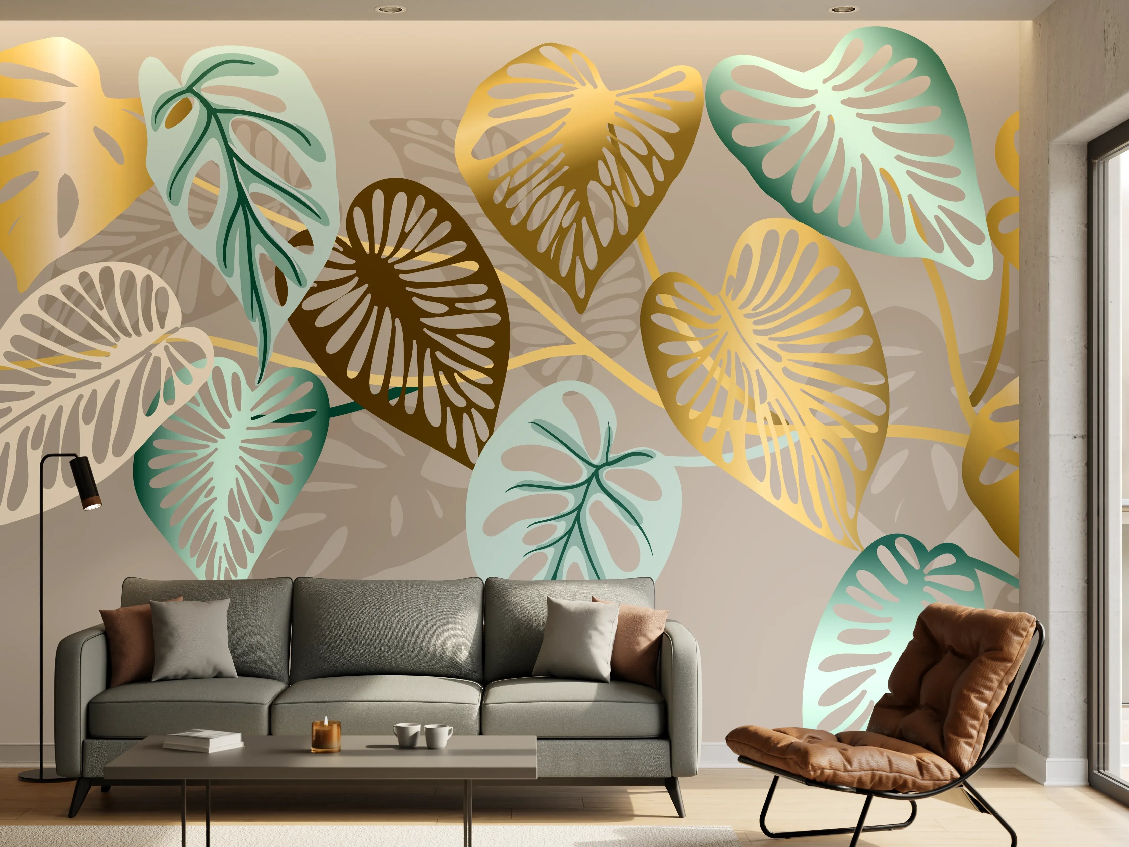 Wandverkleidung Wohnzimmer - Gold-Beige Blätter-Muster-Dekor