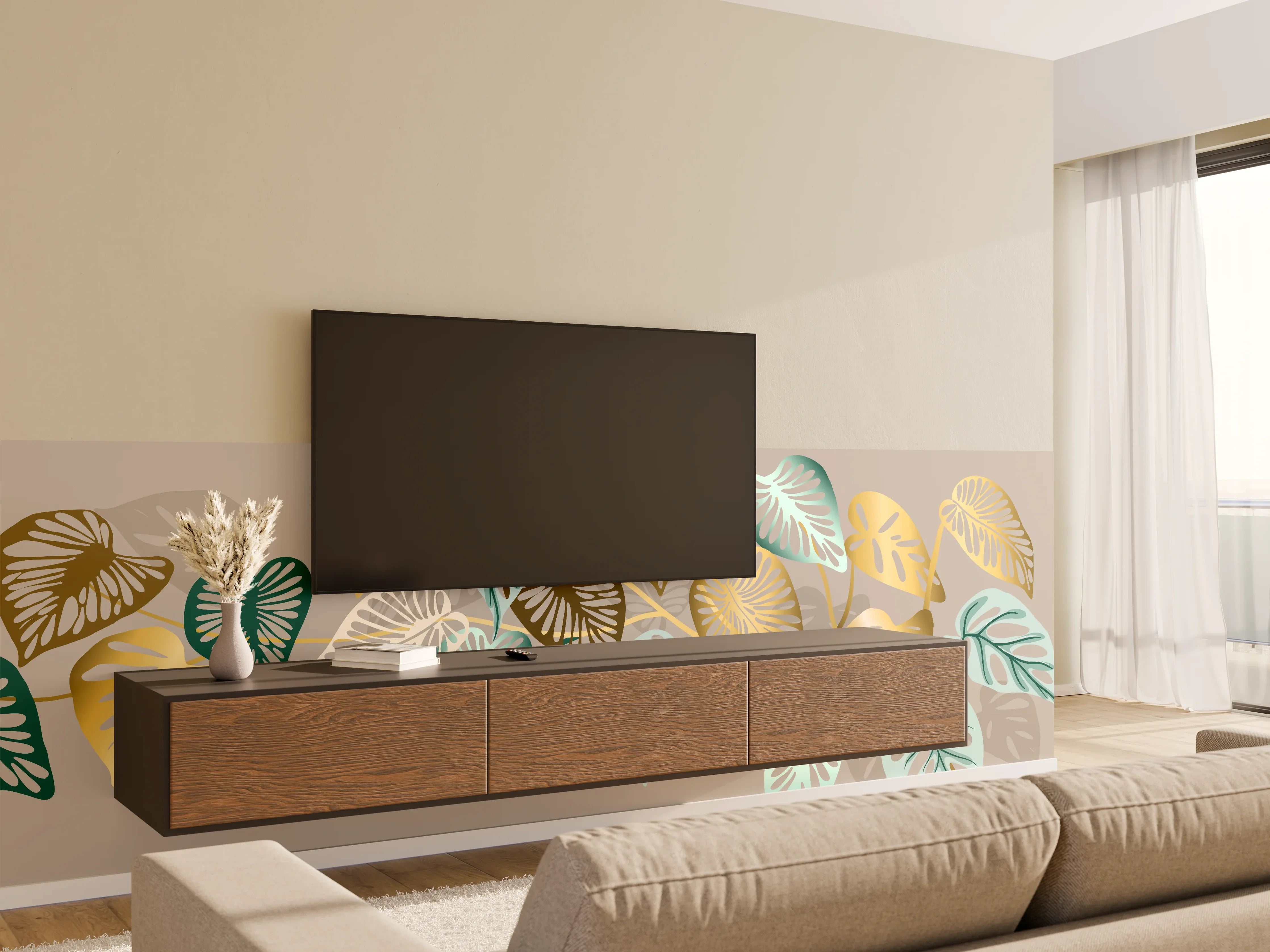 Wandverkleidung Wohnzimmer - Gold-Beige Blätter-Muster-Dekor