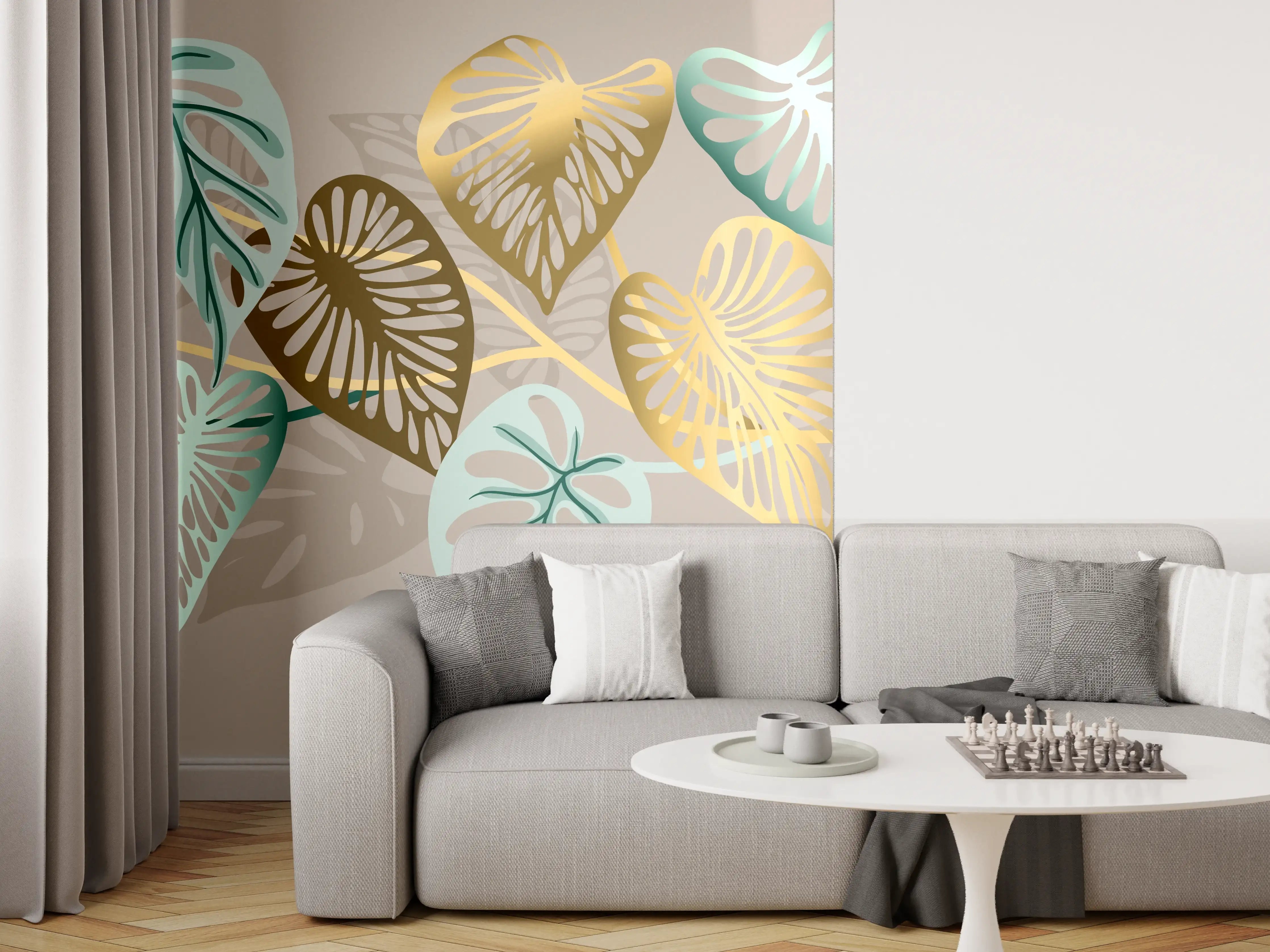 Wandverkleidung Wohnzimmer - Gold-Beige Blätter-Muster-Dekor