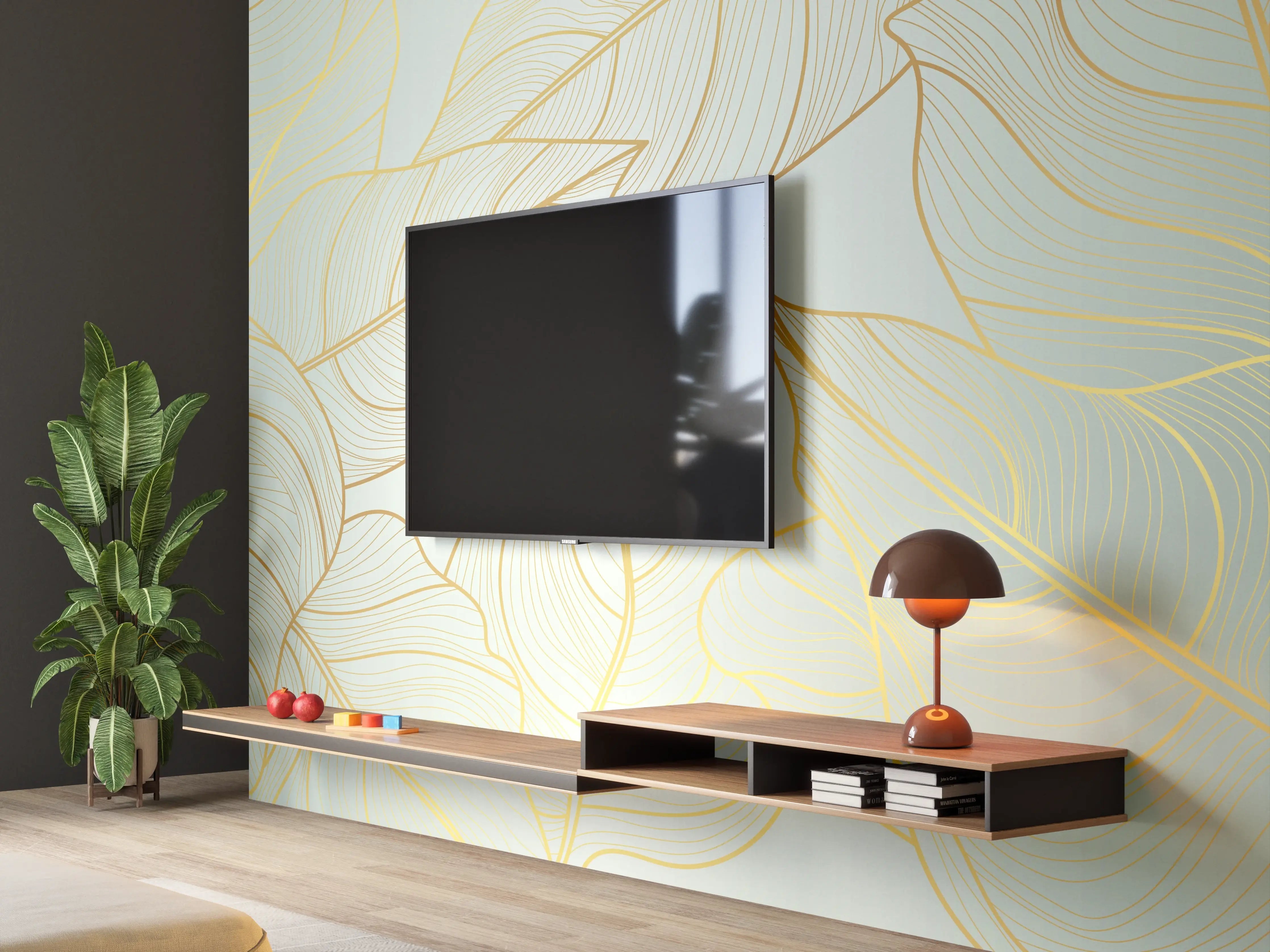 Wandverkleidung Wohnzimmer - Gold-Beige Laub Design