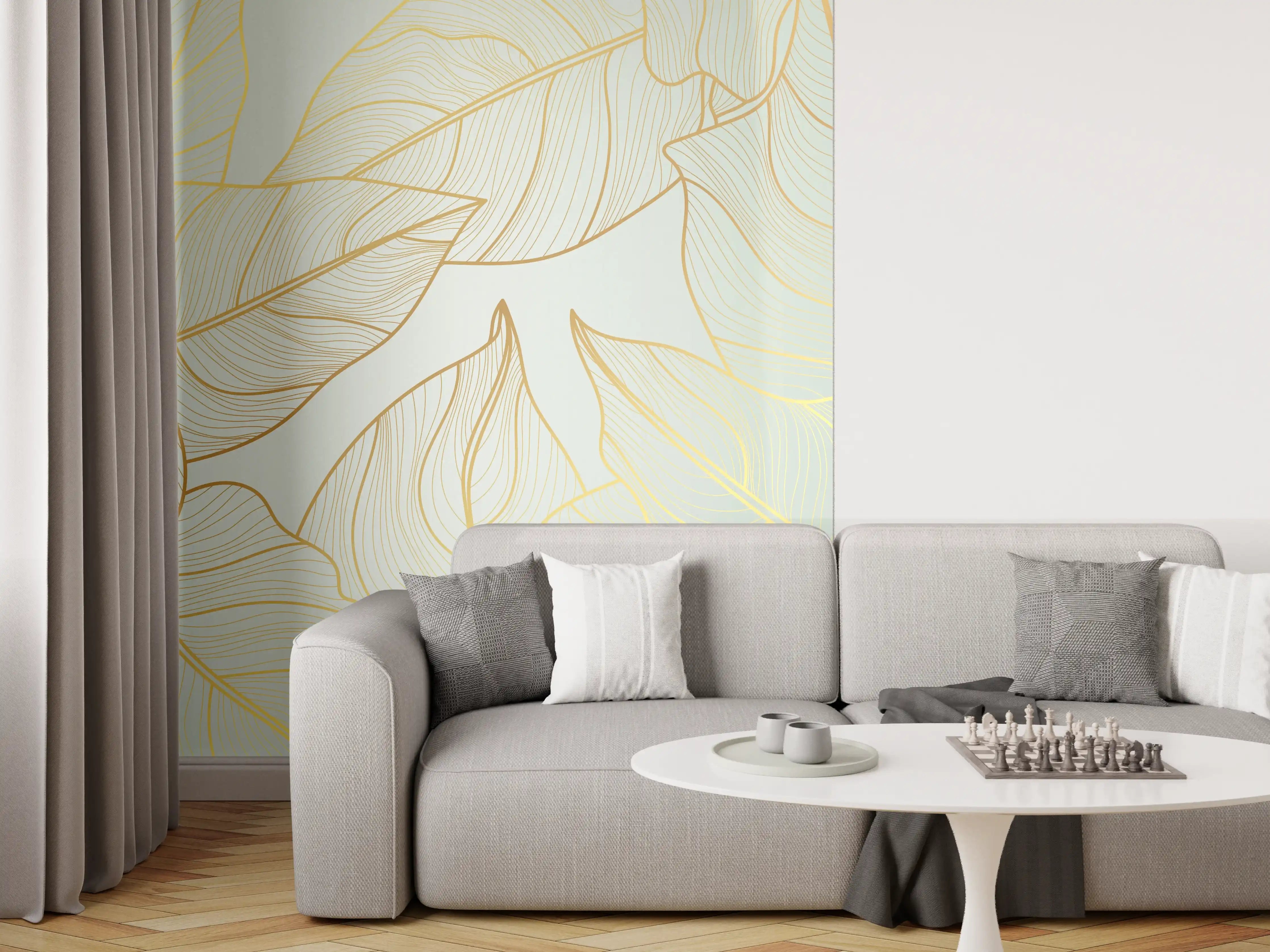 Wandverkleidung Wohnzimmer - Gold-Beige Laub Design