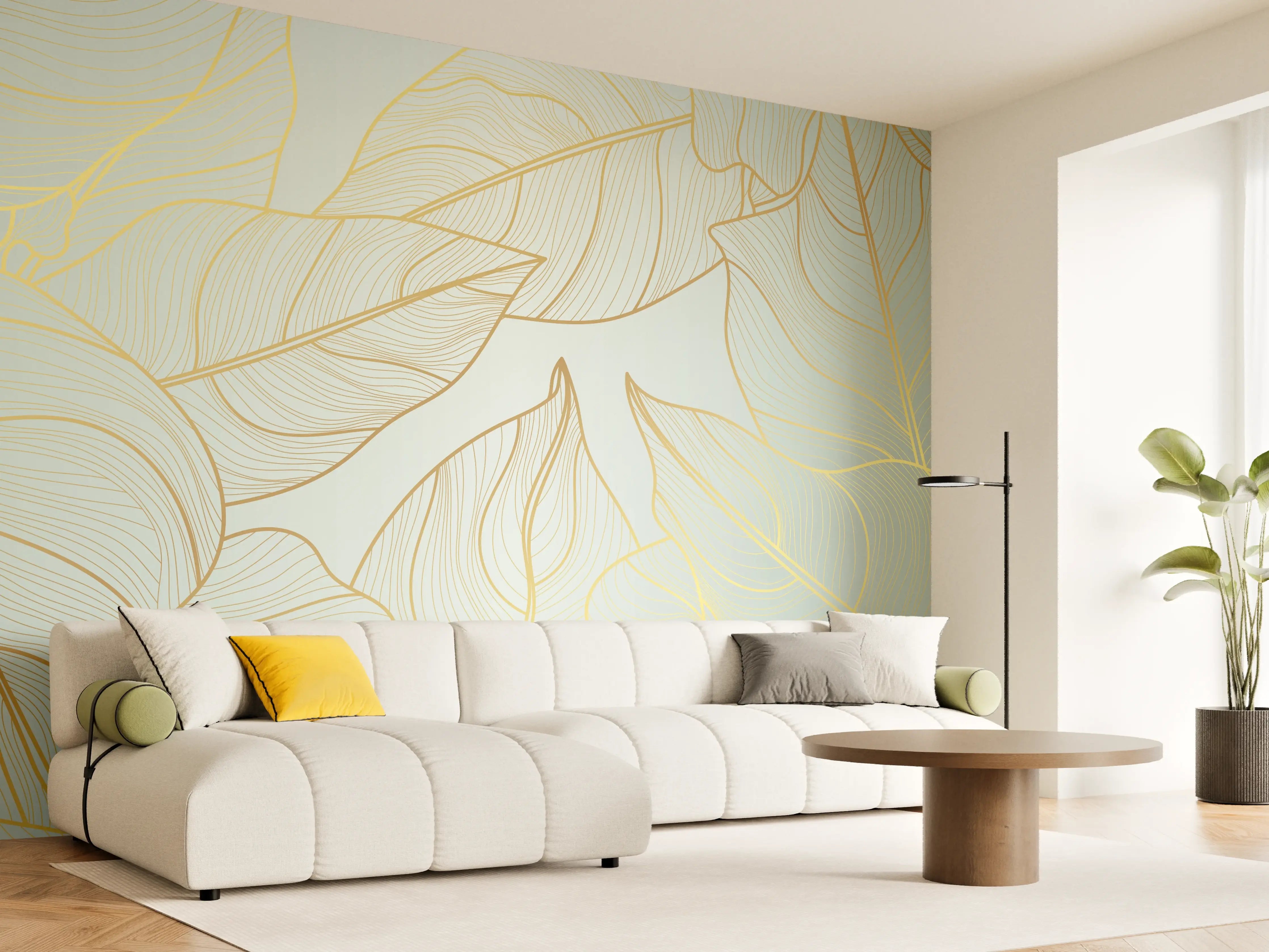Wandverkleidung Wohnzimmer - Gold-Beige Laub Design