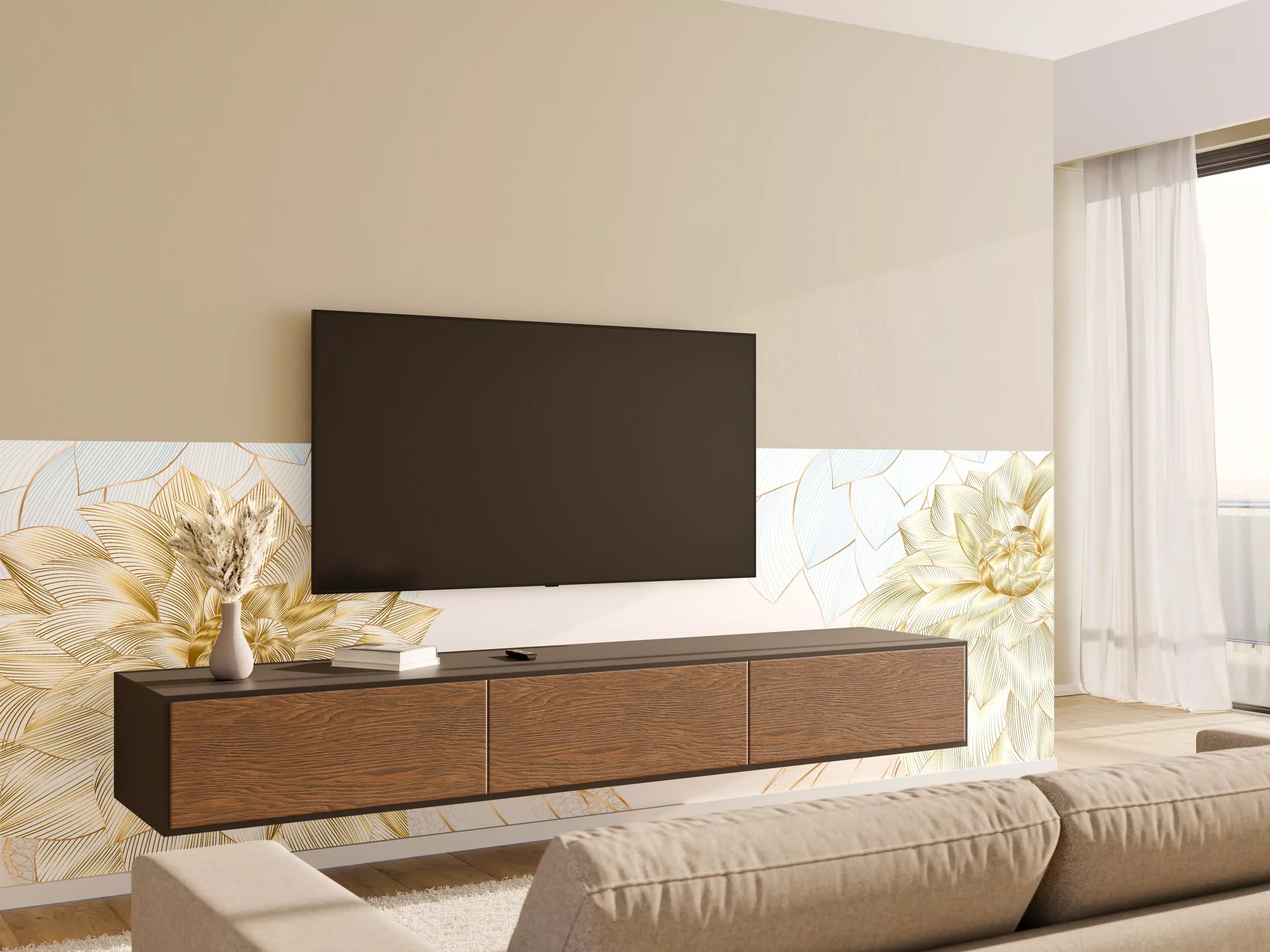 Wandverkleidung Wohnzimmer - Gold-Weiß Floral Design