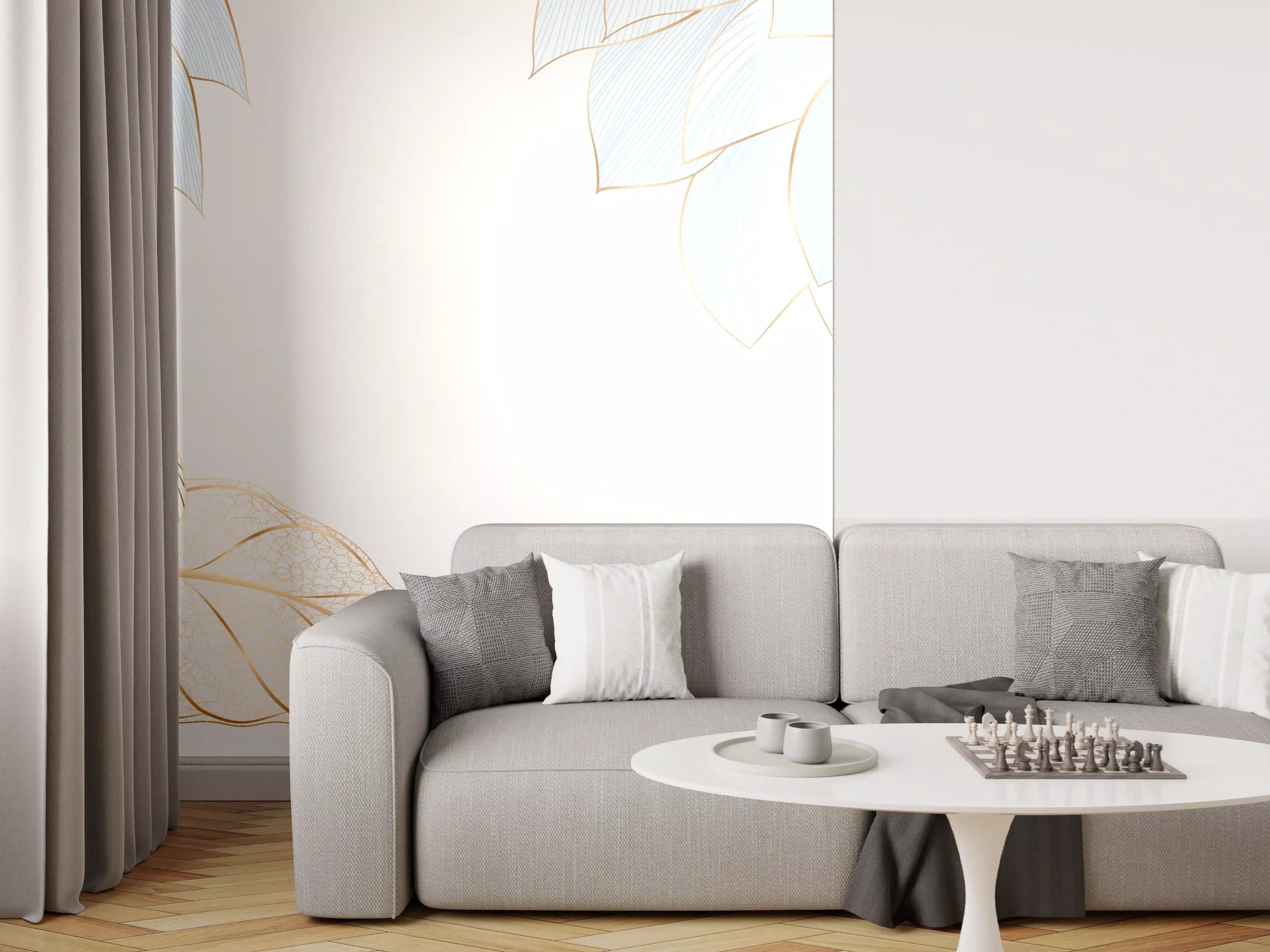 Wandverkleidung Wohnzimmer - Gold-Weiß Floral Design
