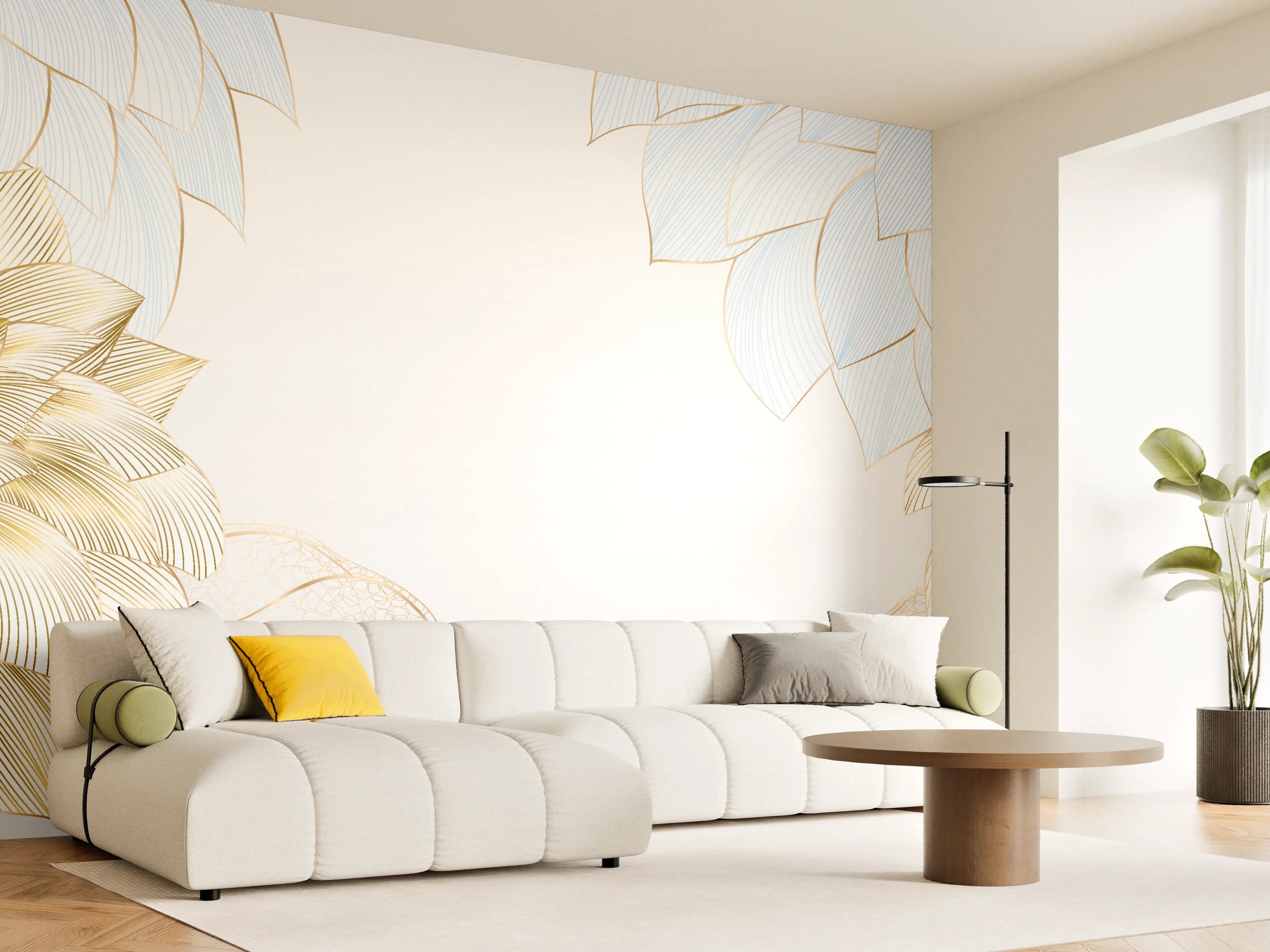 Wandverkleidung Wohnzimmer - Gold-Weiß Floral Design