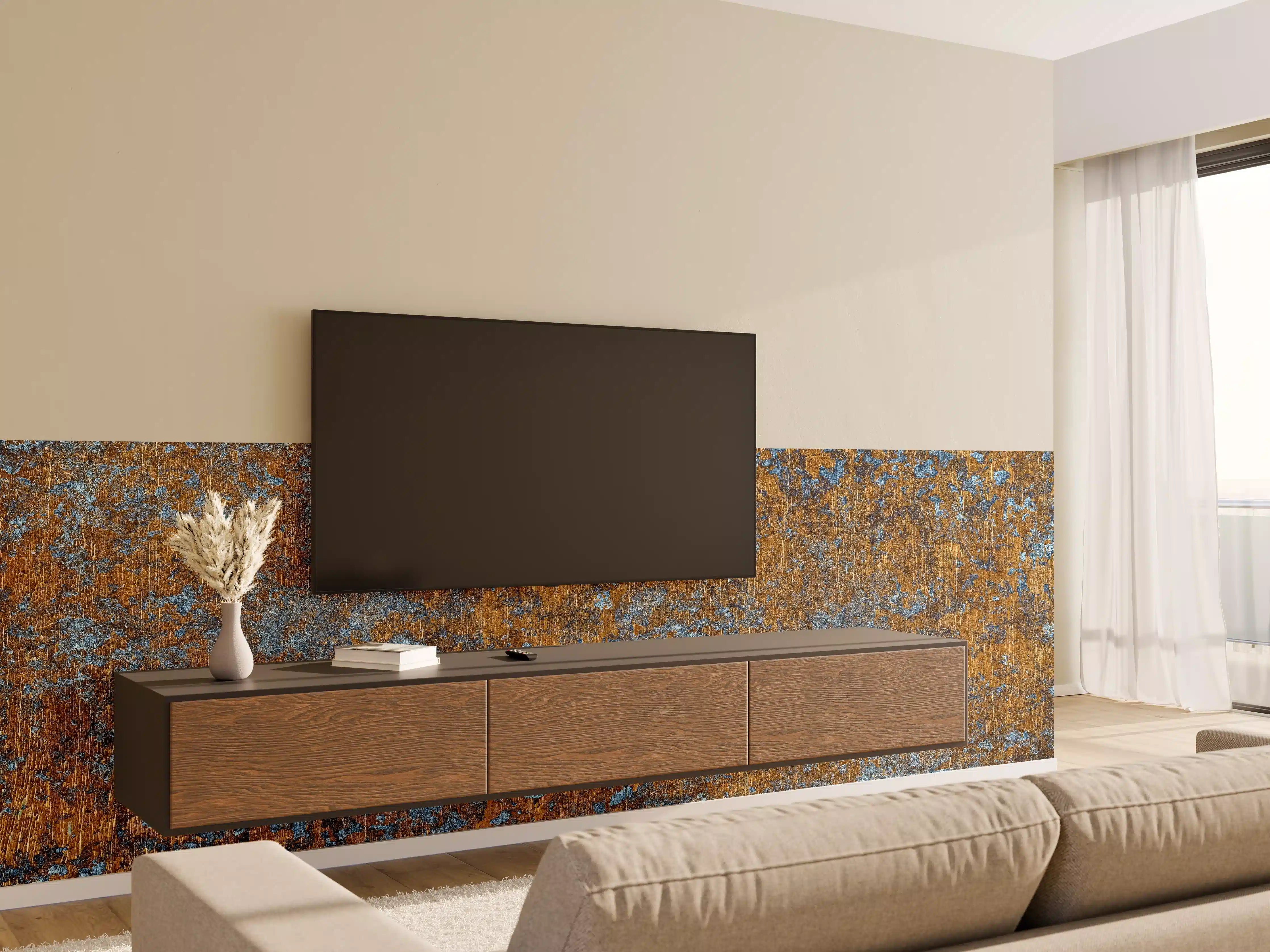 Wandverkleidung Wohnzimmer - Gold-blaue alte Metalltextur