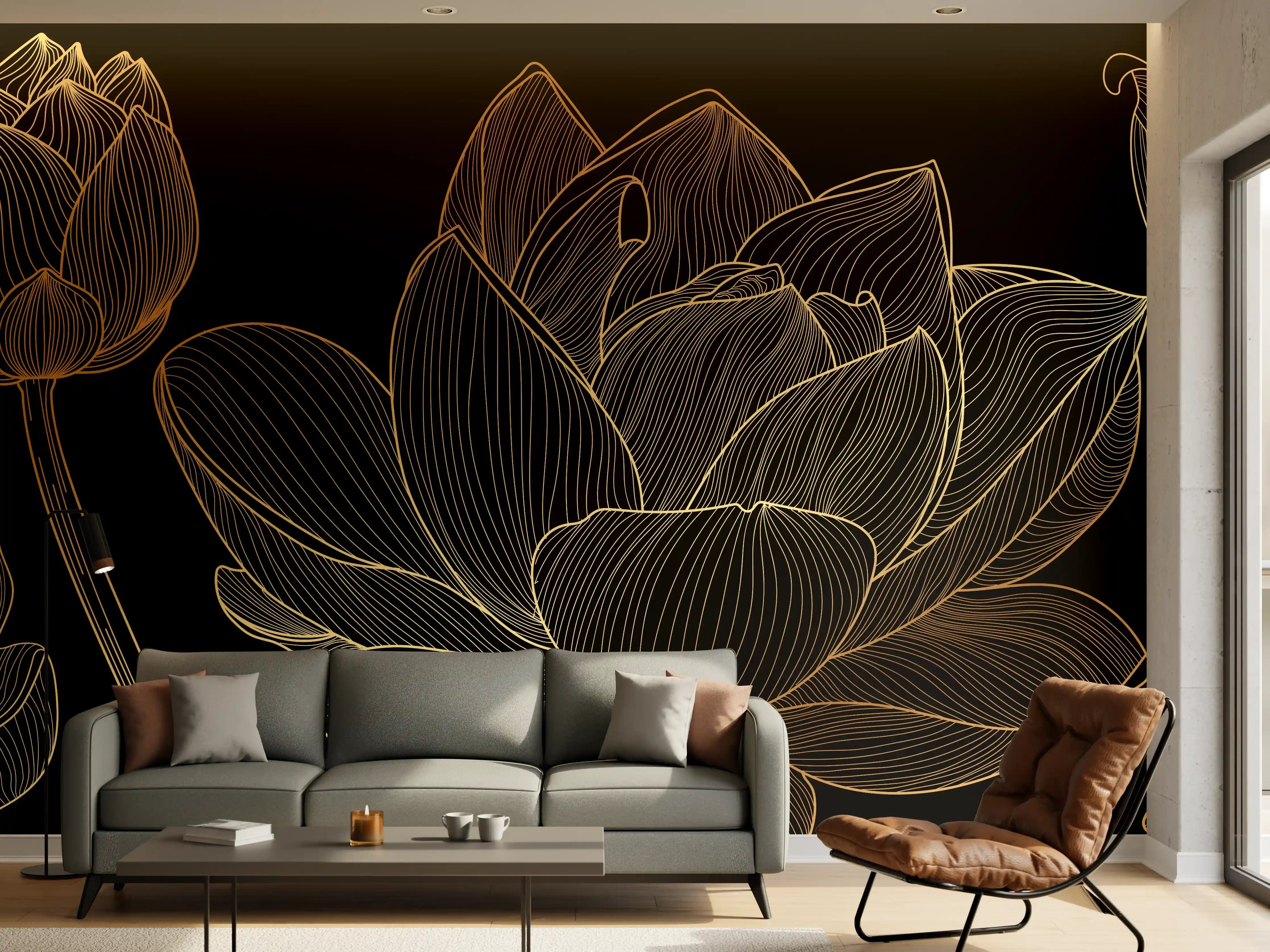 Wandverkleidung Wohnzimmer - Golden Floral Lineart