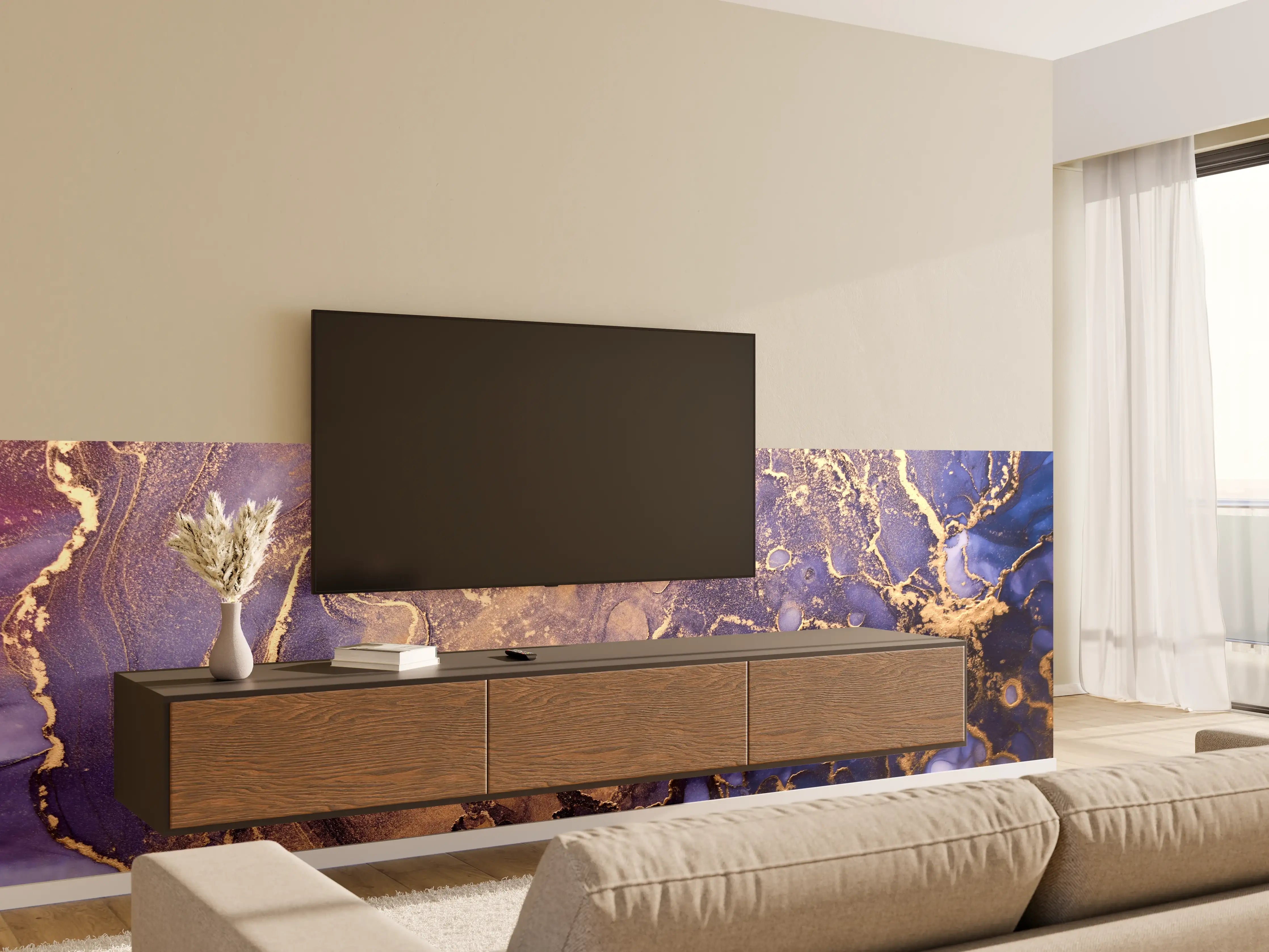 Wandverkleidung Wohnzimmer - Goldene Akzente auf dunklem Hintergrund