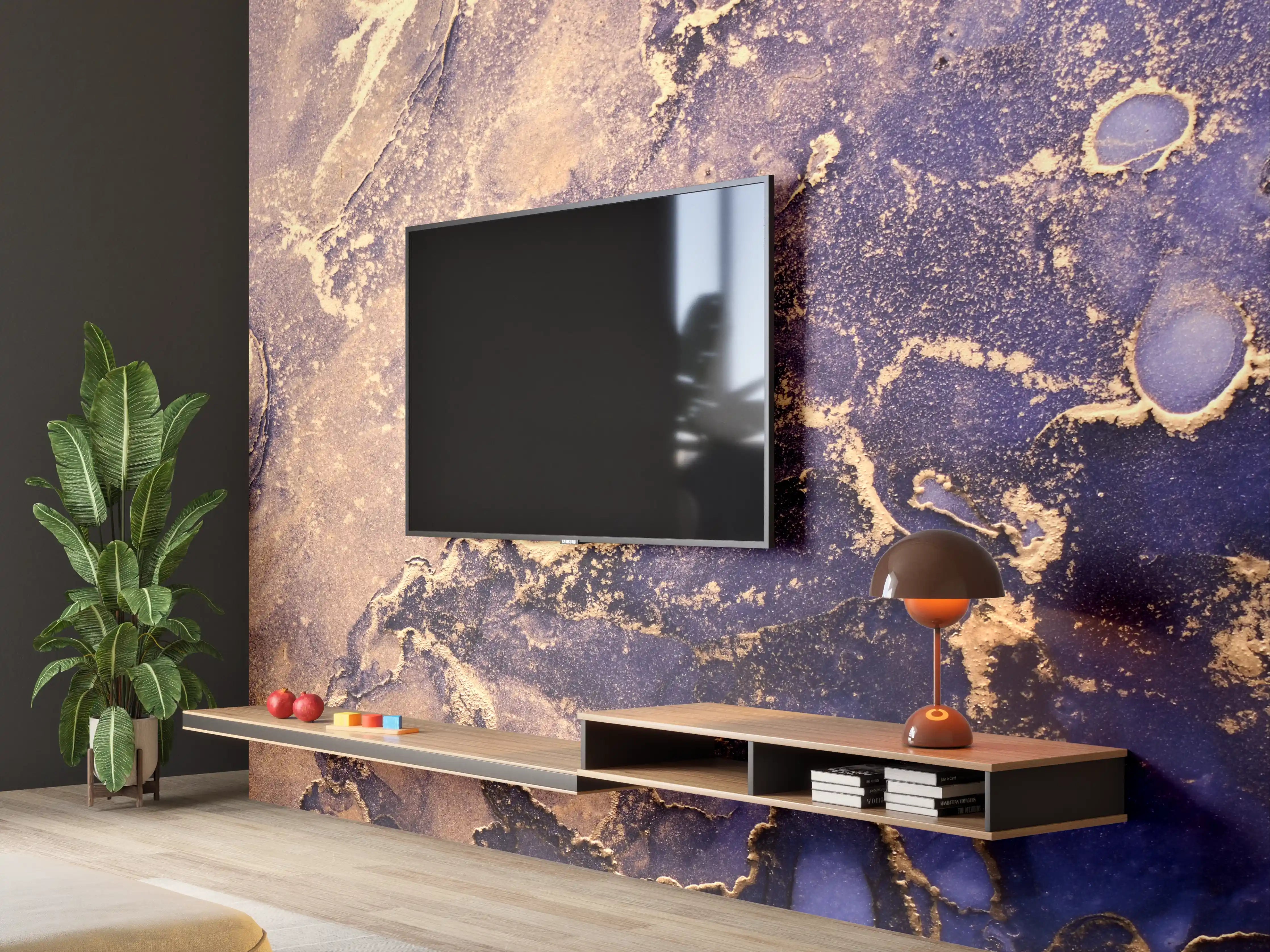 Wandverkleidung Wohnzimmer - Goldene Akzente auf dunklem Hintergrund