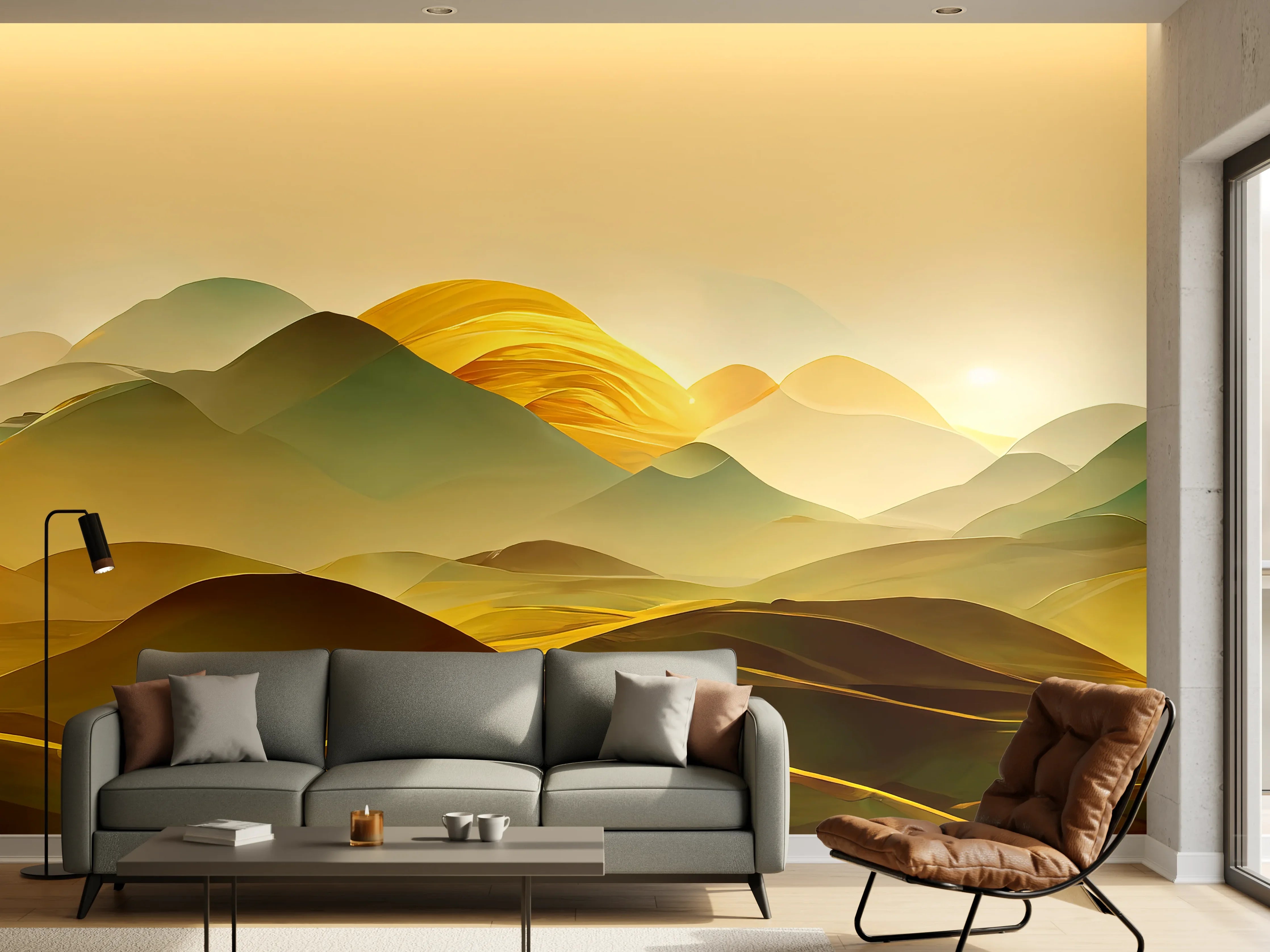 Wandverkleidung Wohnzimmer - Goldene Berglandschaft im Sonnenlicht
