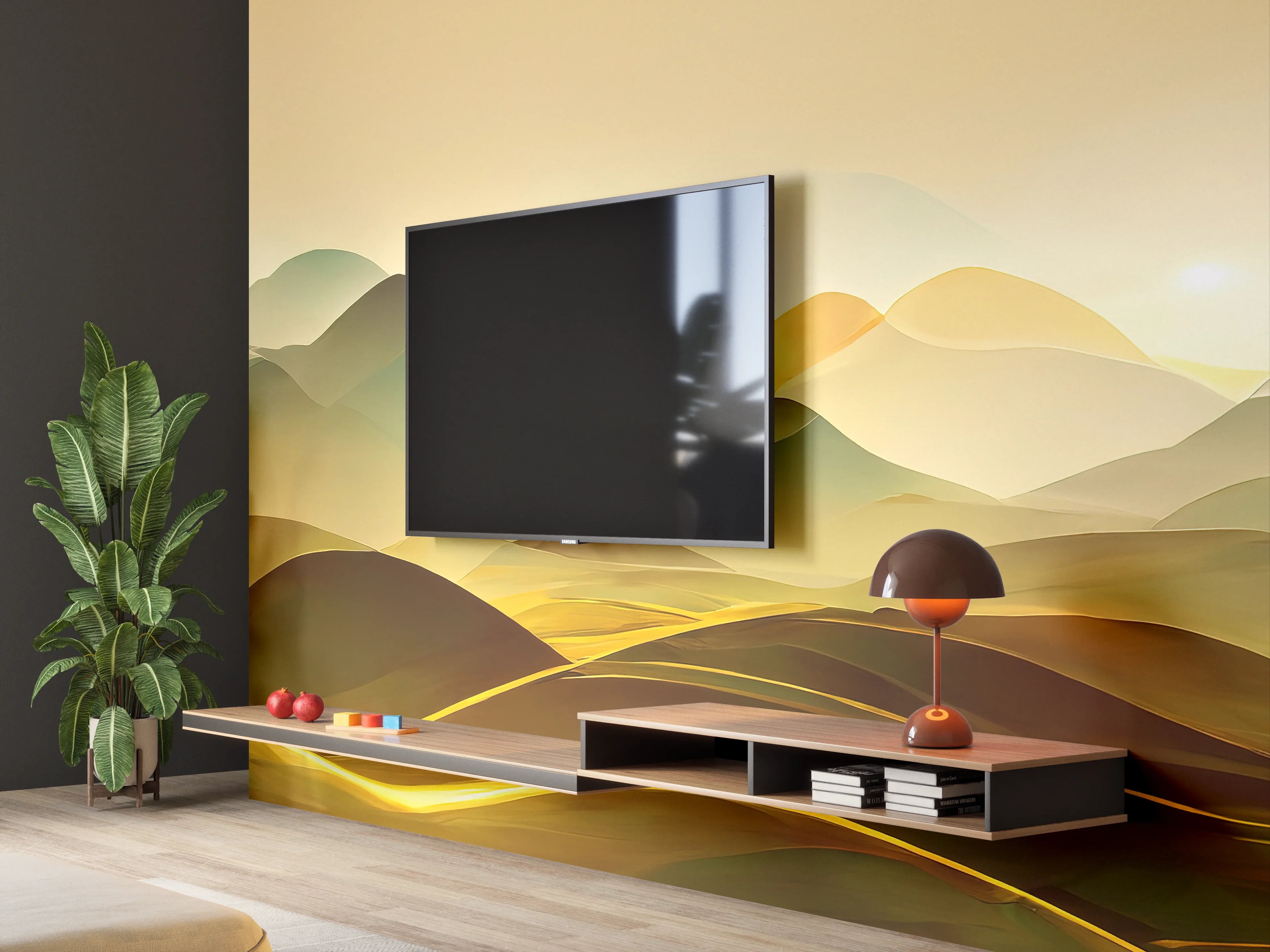 Wandverkleidung Wohnzimmer - Goldene Berglandschaft im Sonnenlicht