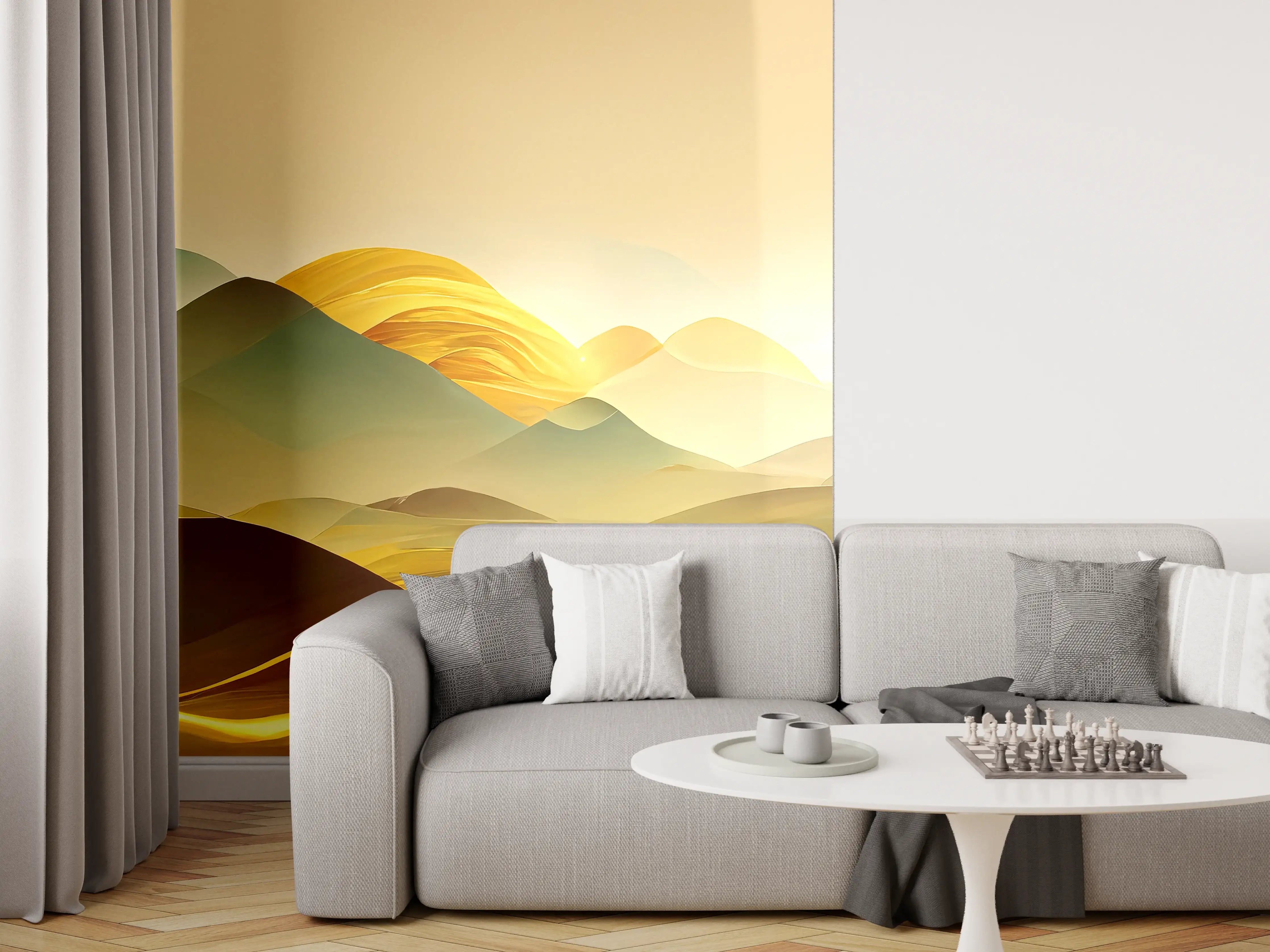 Wandverkleidung Wohnzimmer - Goldene Berglandschaft im Sonnenlicht