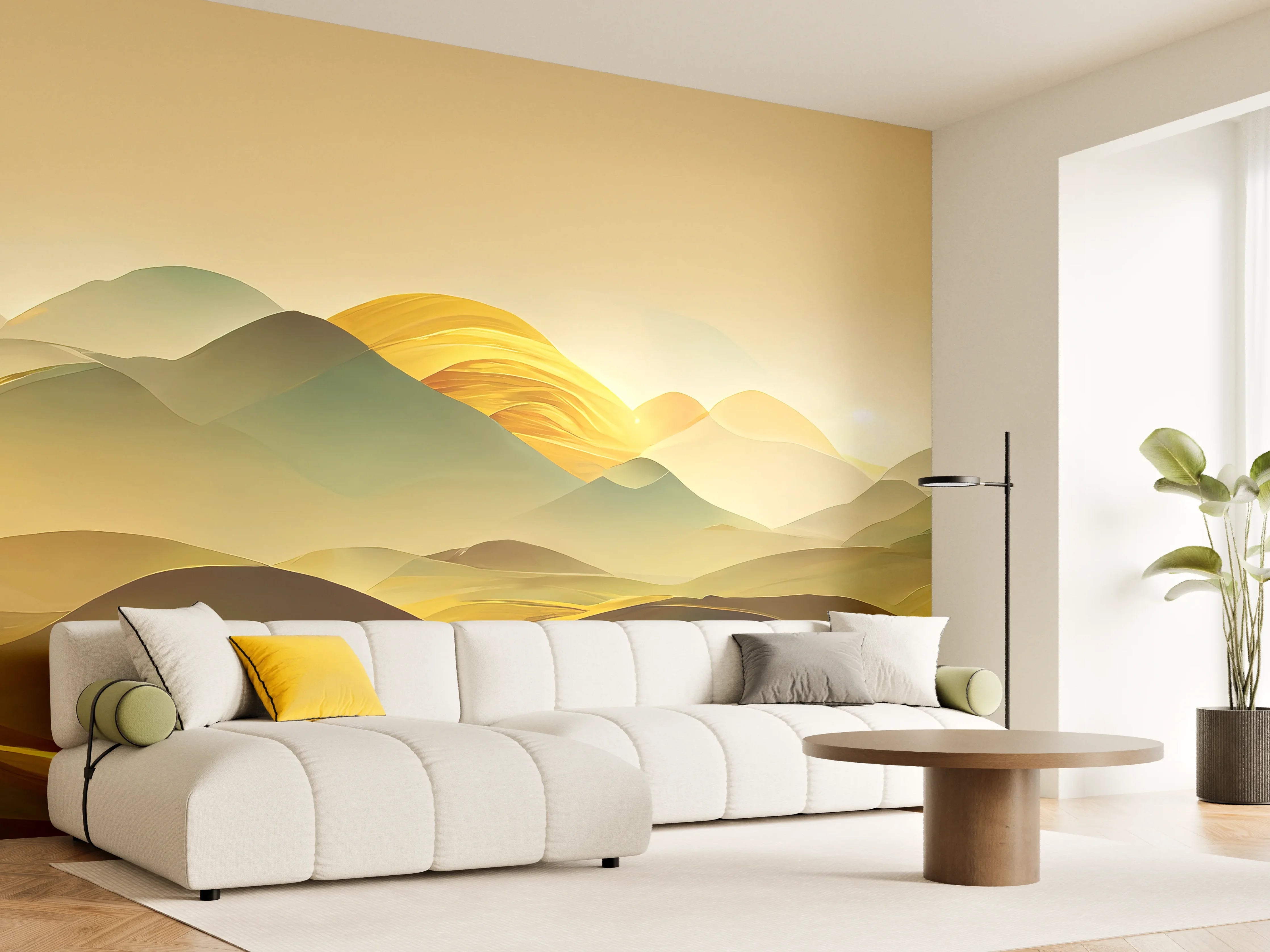 Wandverkleidung Wohnzimmer - Goldene Berglandschaft im Sonnenlicht