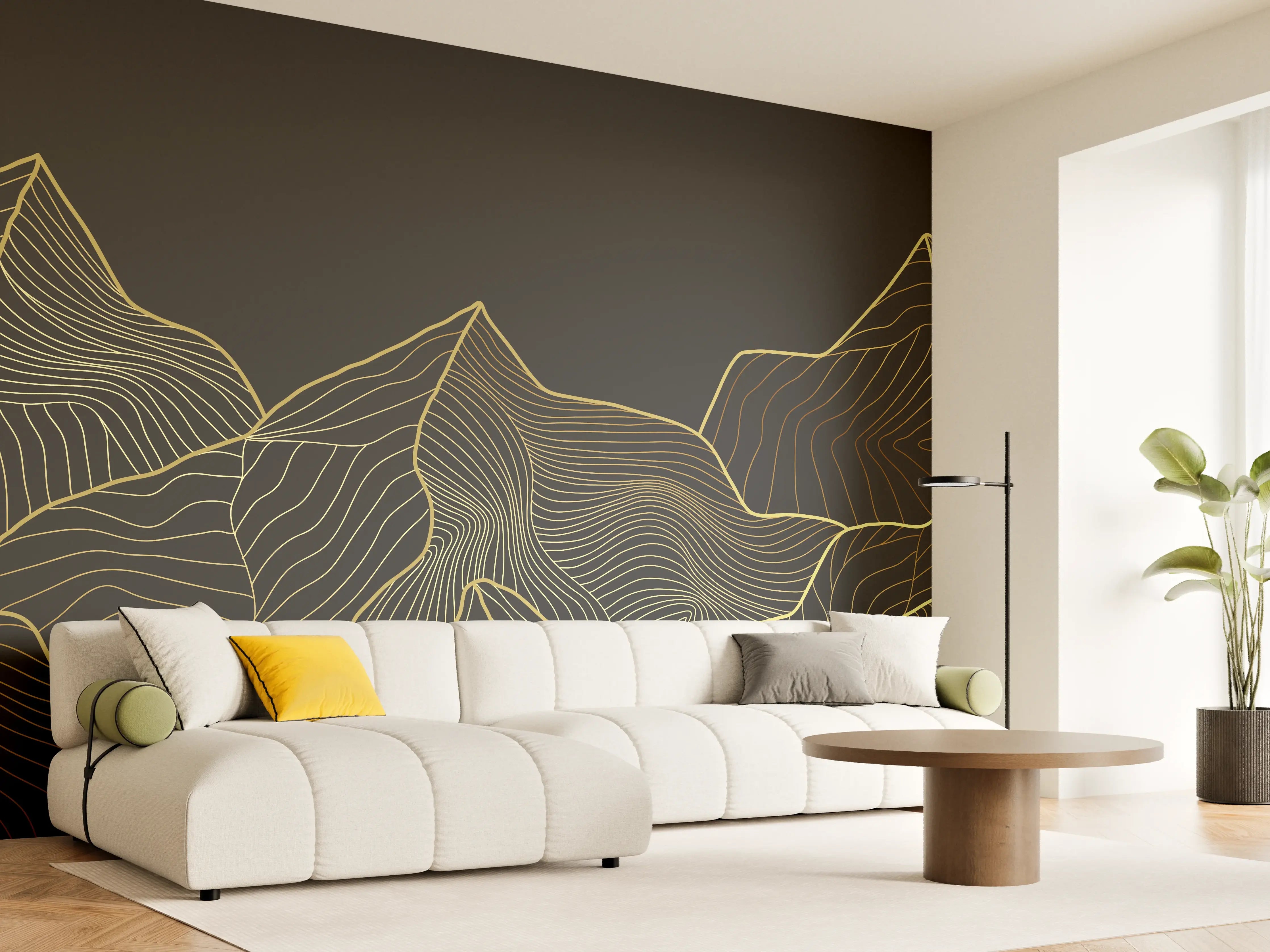 Wandverkleidung Wohnzimmer - Goldene Berglinien auf Schwarz