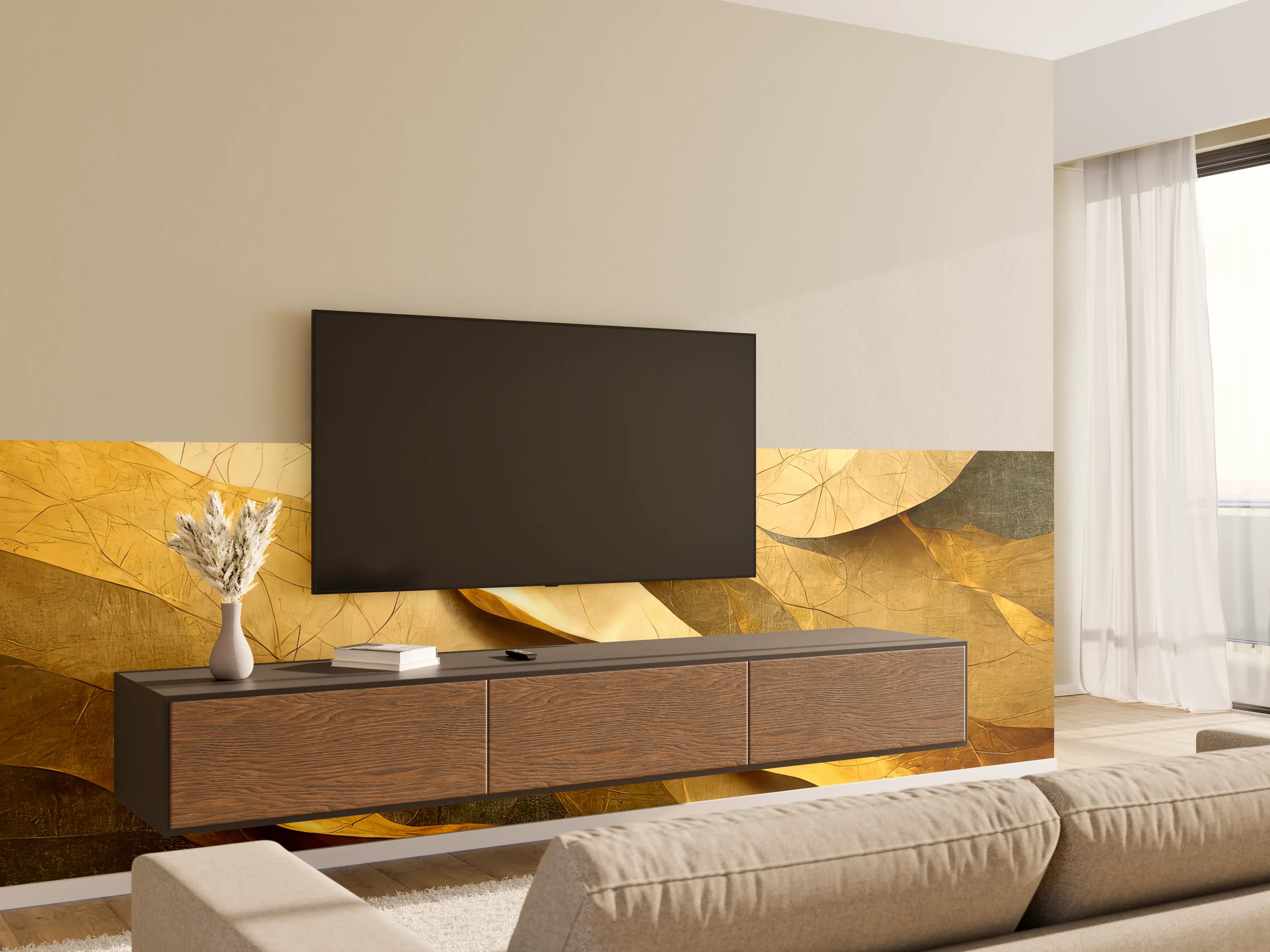 Wandverkleidung Wohnzimmer - Goldene Blätter Natur