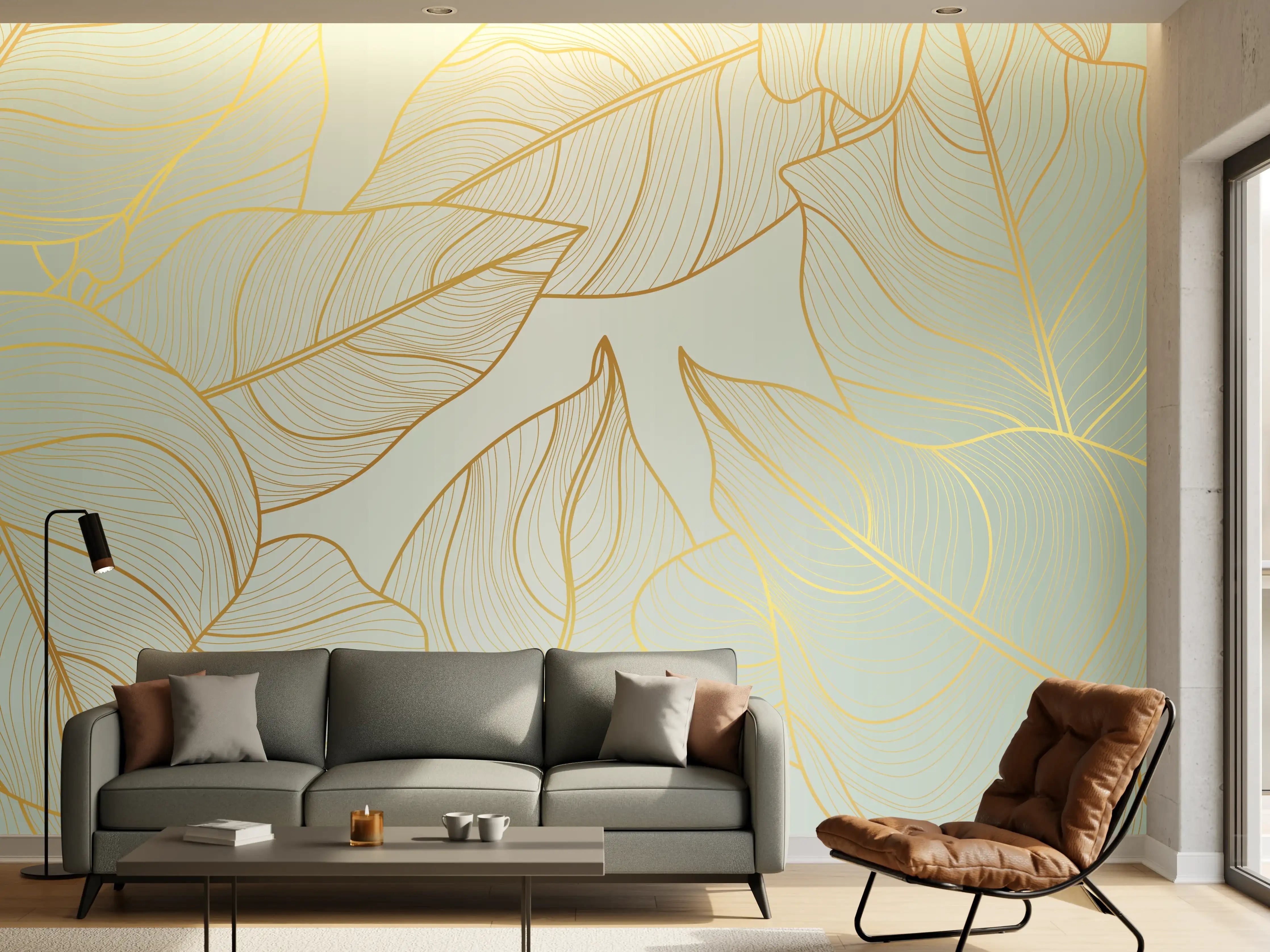 Wandverkleidung Wohnzimmer - Goldene Blätter auf Hellgelb