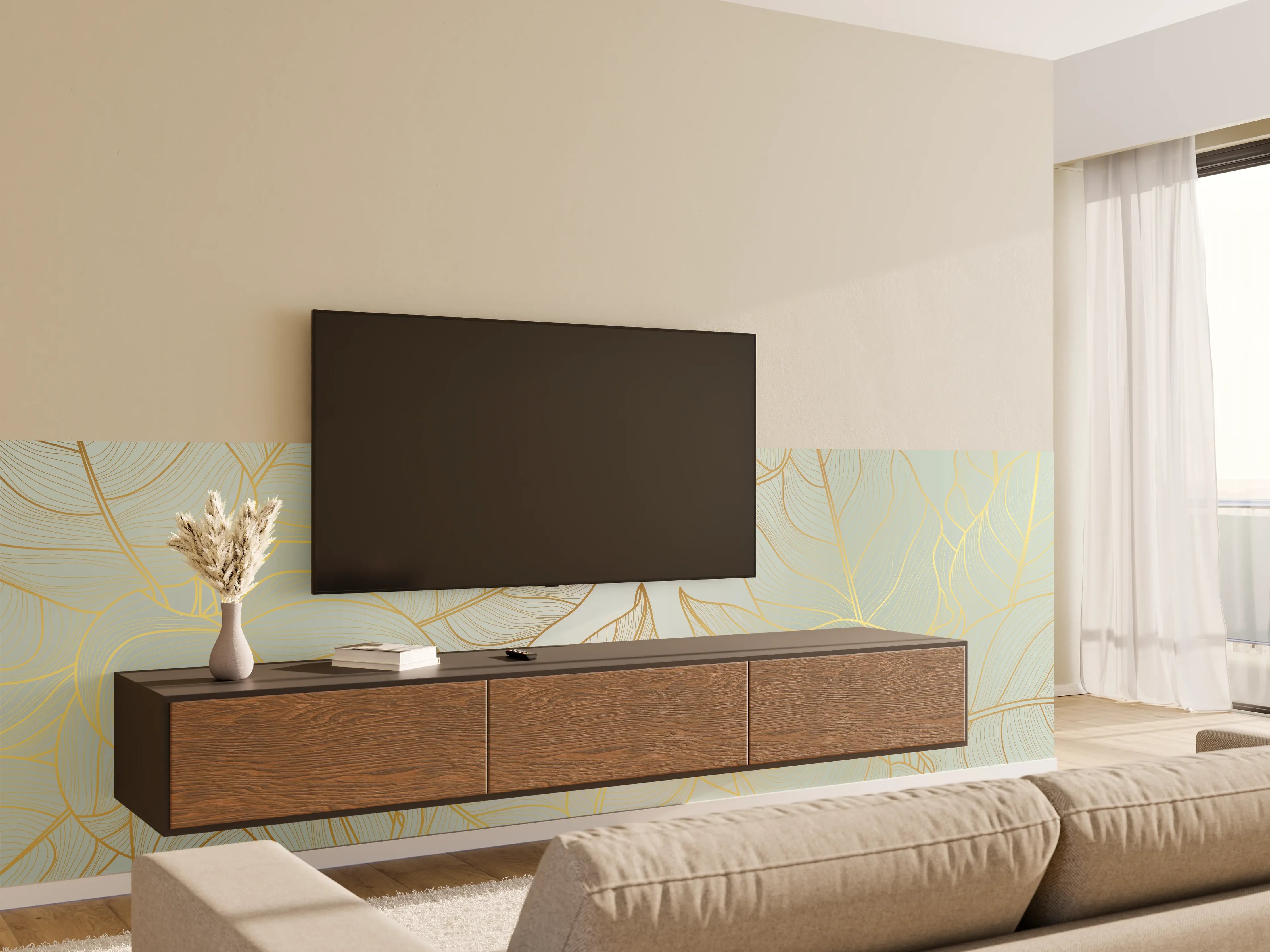 Wandverkleidung Wohnzimmer - Goldene Blätter auf Hellgelb