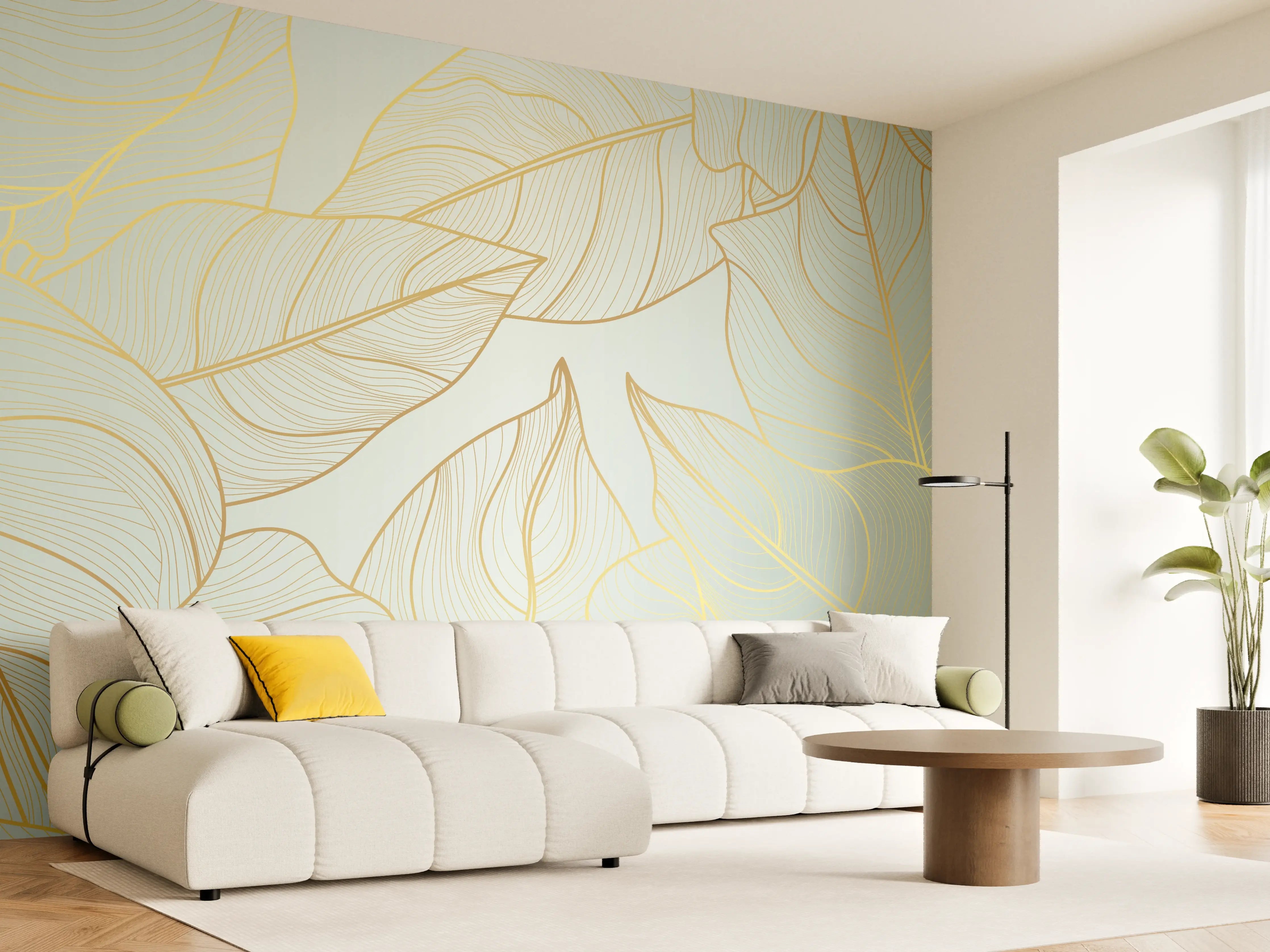 Wandverkleidung Wohnzimmer - Goldene Blätter auf Hellgelb