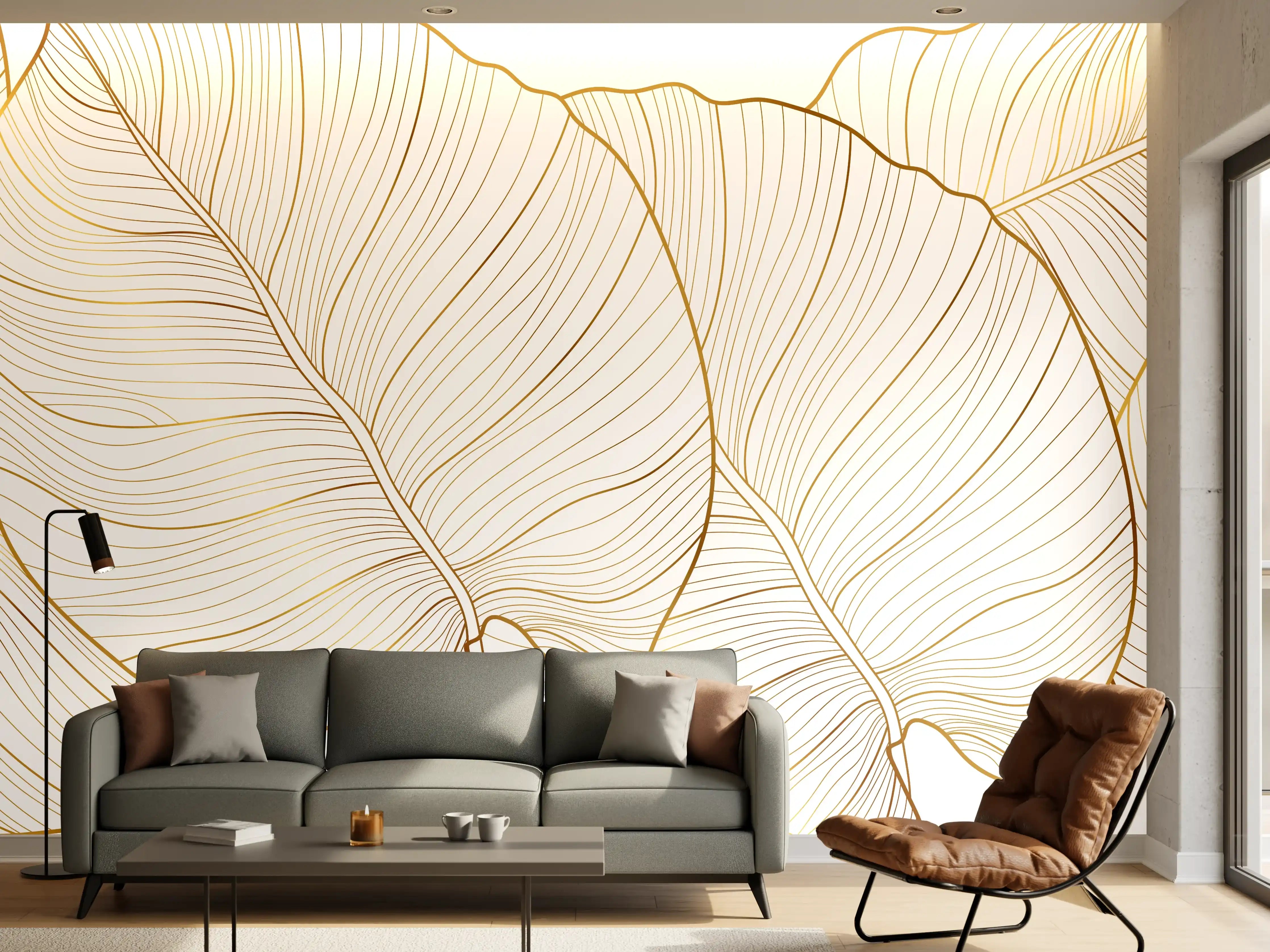 Wandverkleidung Wohnzimmer - Goldene Blattstruktur auf Weiß