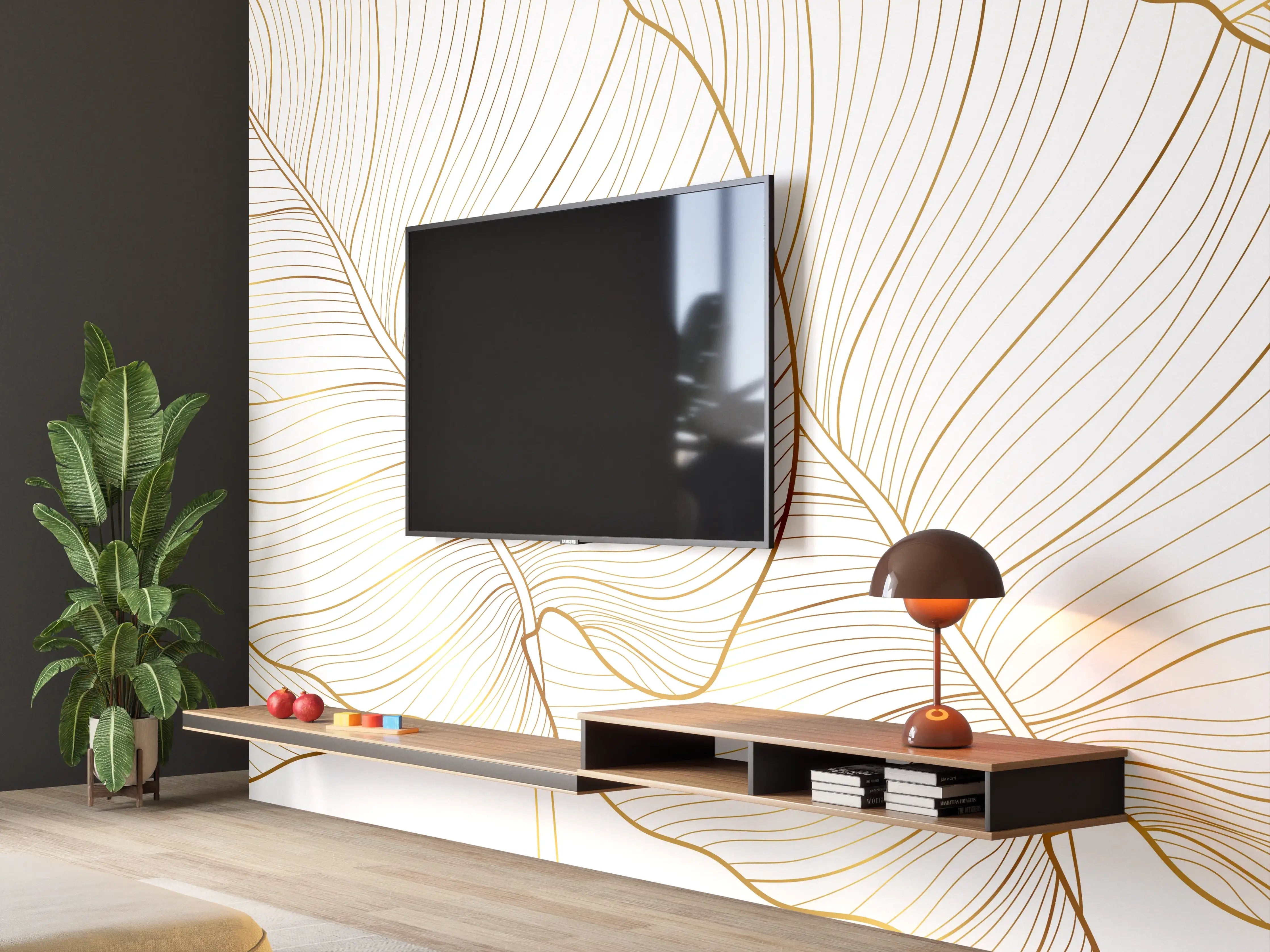 Wandverkleidung Wohnzimmer - Goldene Blattstruktur auf Weiß