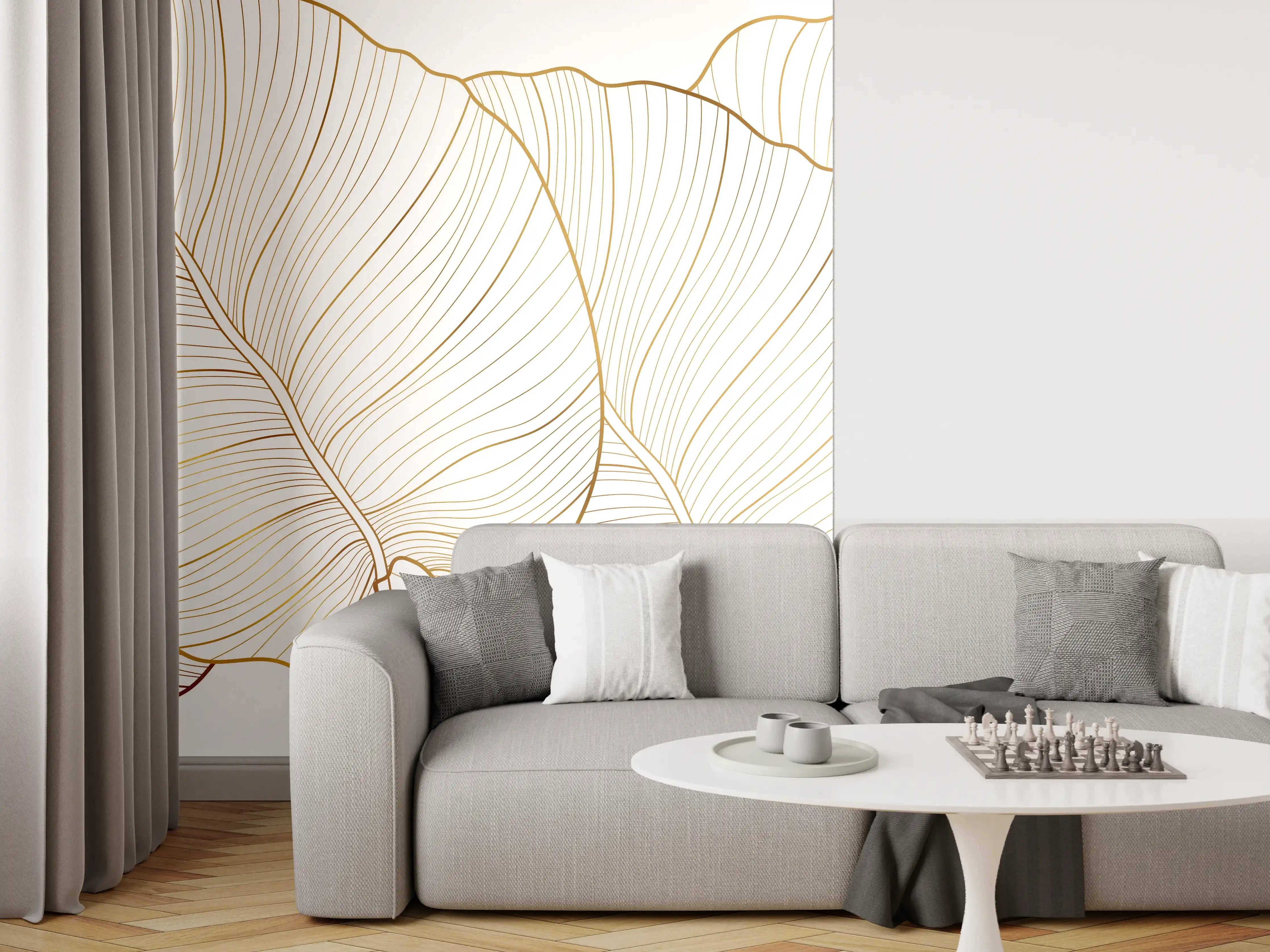 Wandverkleidung Wohnzimmer - Goldene Blattstruktur auf Weiß