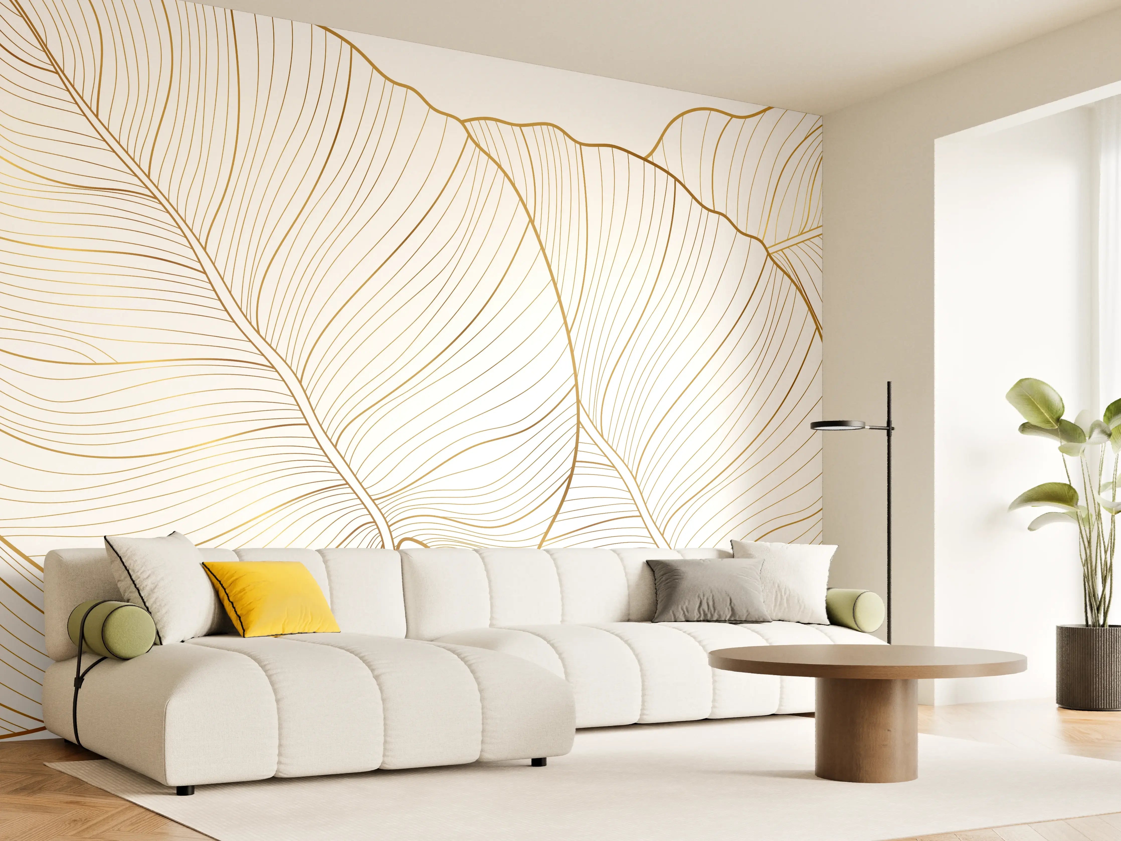 Wandverkleidung Wohnzimmer - Goldene Blattstruktur auf Weiß