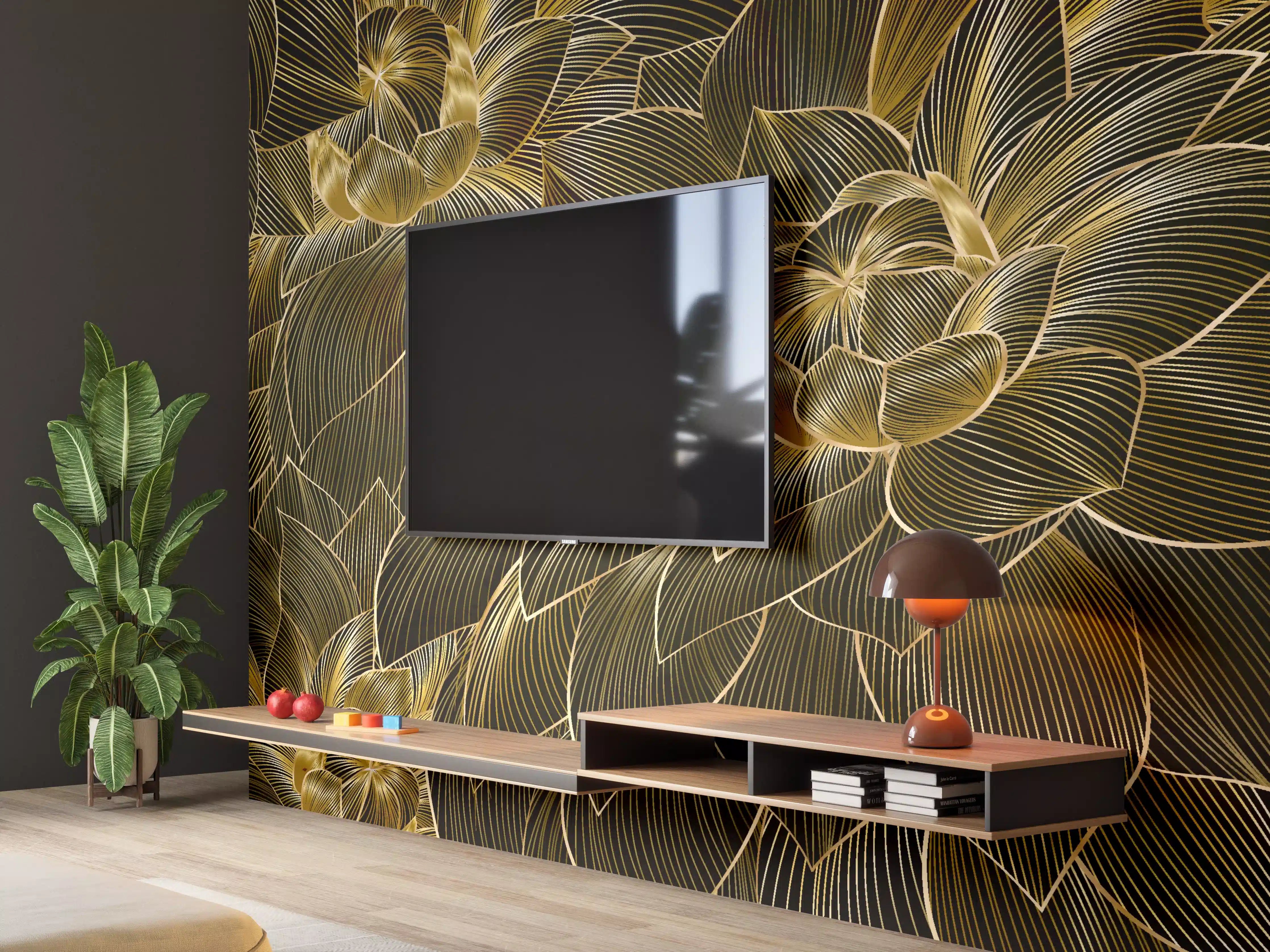 Wandverkleidung Wohnzimmer - Goldene Blütenmuster Tapete