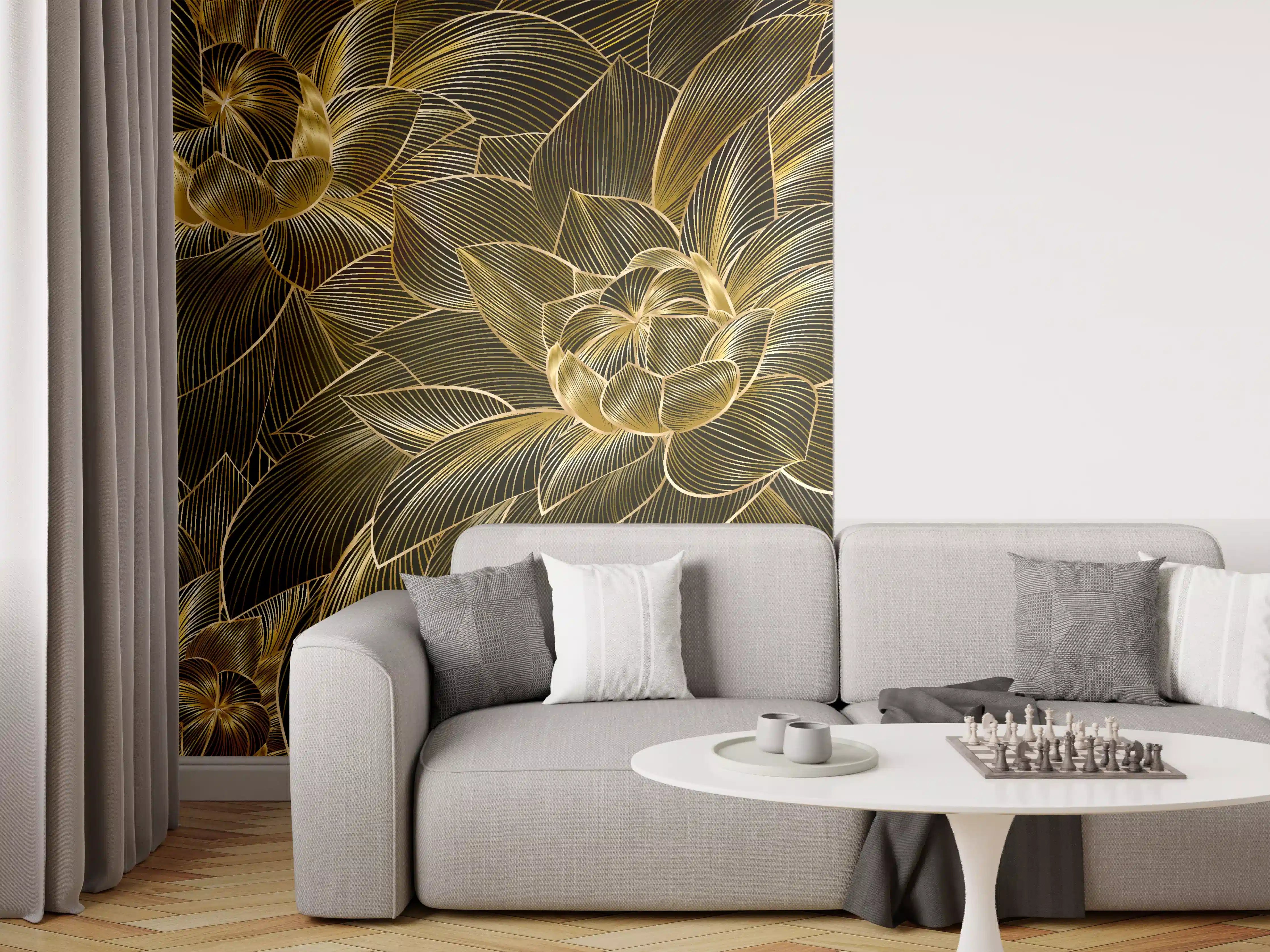 Wandverkleidung Wohnzimmer - Goldene Blütenmuster Tapete