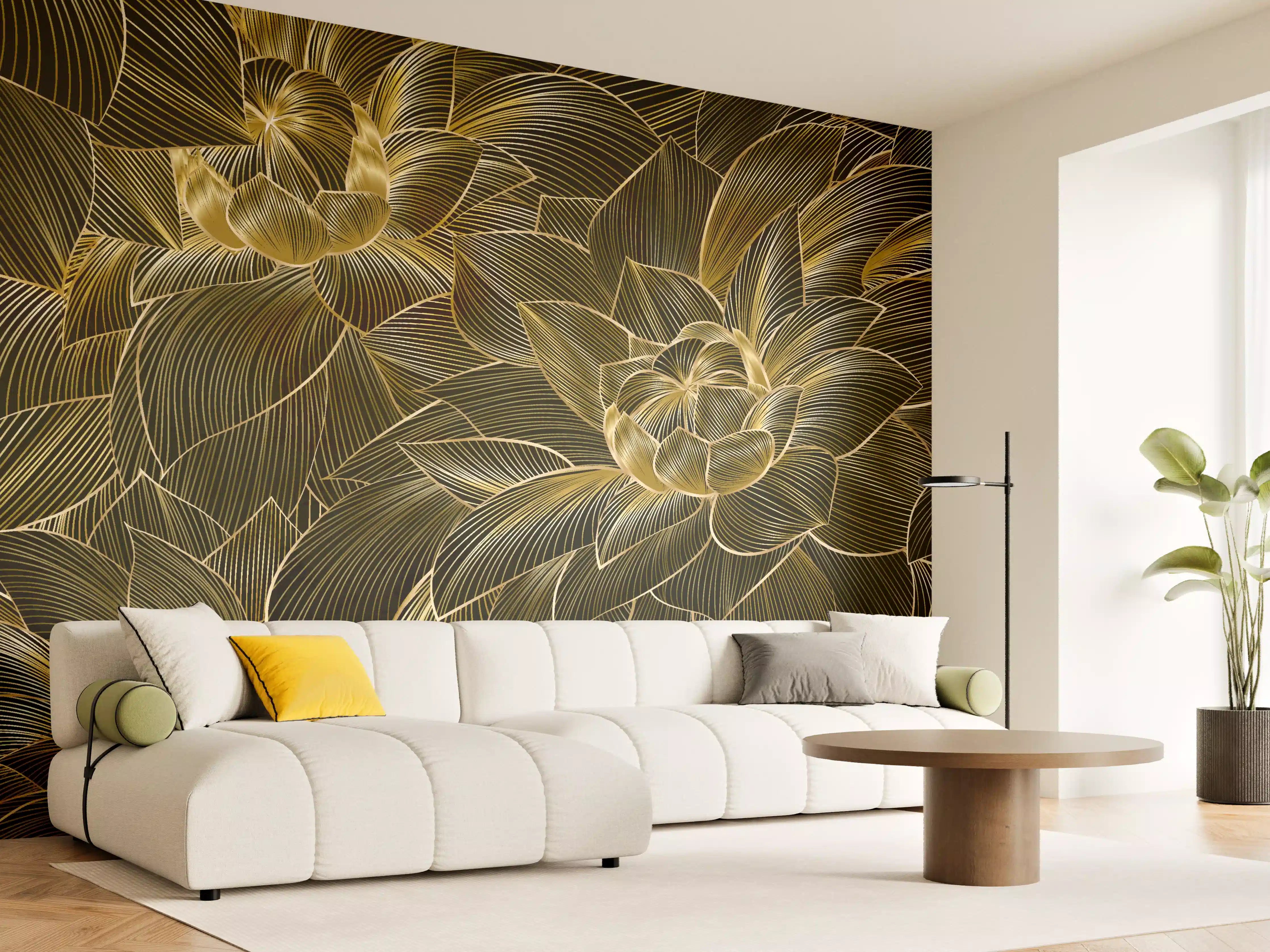 Wandverkleidung Wohnzimmer - Goldene Blütenmuster Tapete