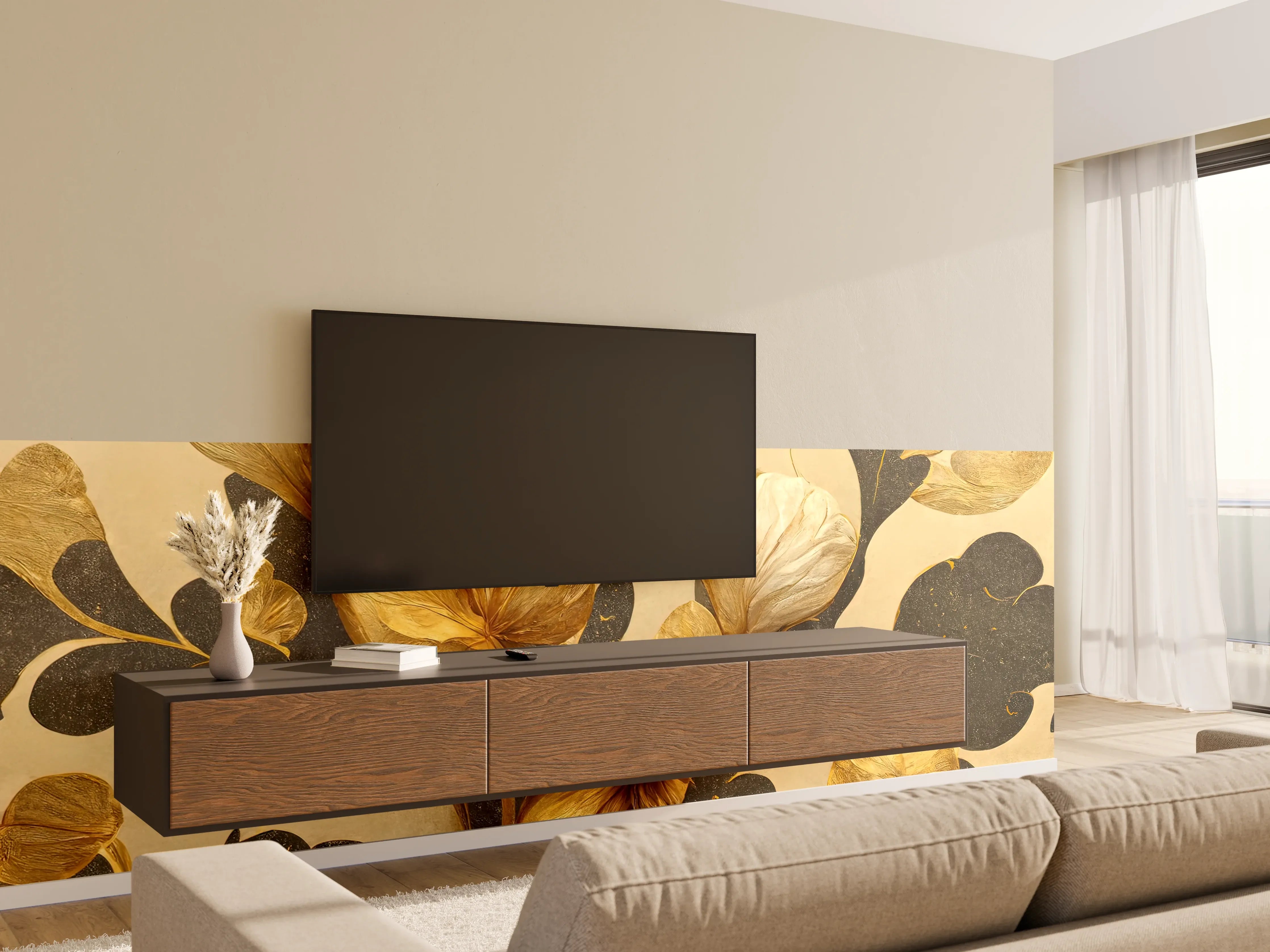 Wandverkleidung Wohnzimmer - Goldene Blumen auf dunklem Hintergrund
