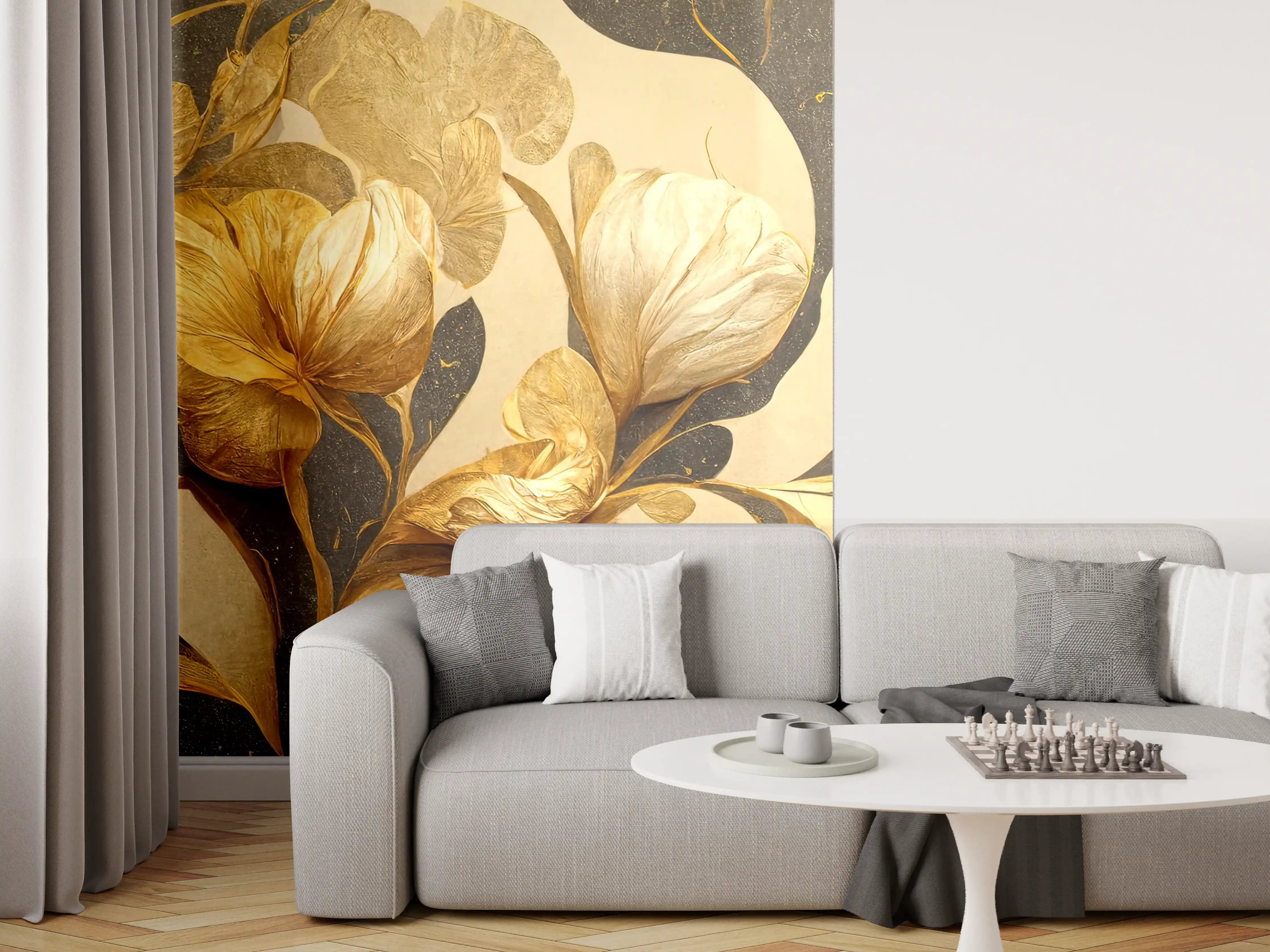 Wandverkleidung Wohnzimmer - Goldene Blumen auf dunklem Hintergrund