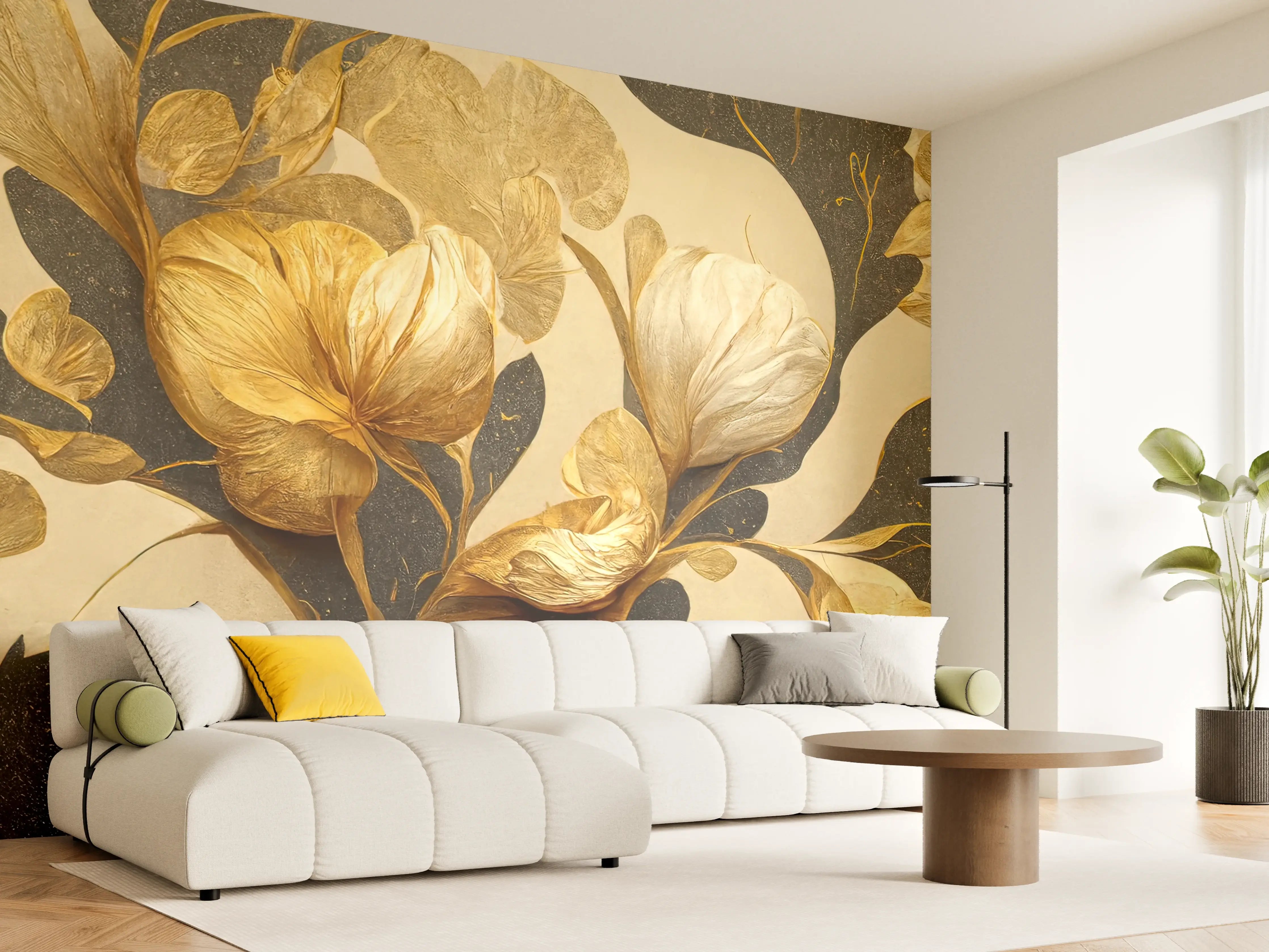 Wandverkleidung Wohnzimmer - Goldene Blumen auf dunklem Hintergrund
